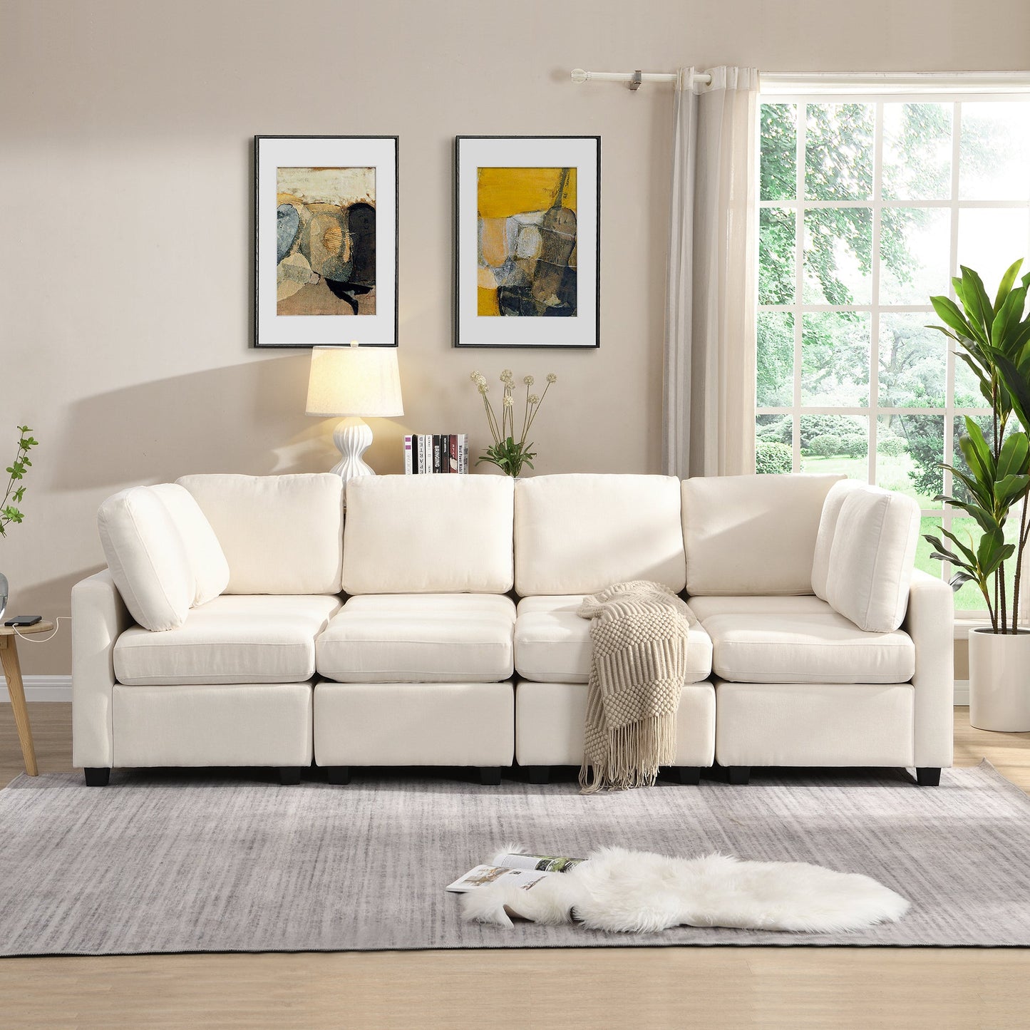 103" Sectional Sofa Couch Sofa Bed U-Shaped Sofa With Two Movable Ottoman and Three USB Ports for Living Room, Beige