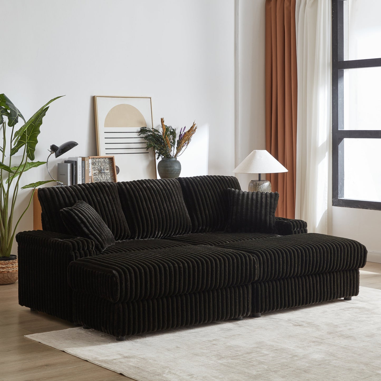 84Inch Corduroy 3-Seater Sofa With 3 Back Pillows ,2 Toss Pillows , a Ottoman ,2storage Spaces and Cup-Holding Grooves