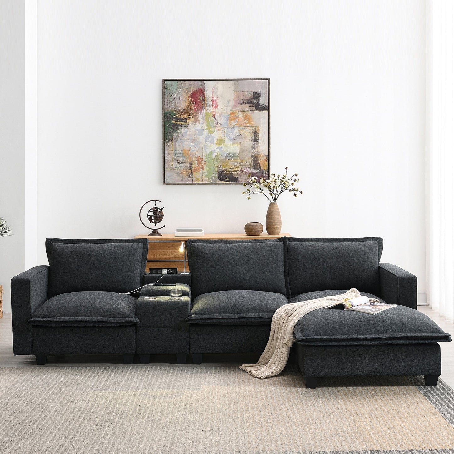 109*57" Modern Sectional Cloud Sofa With Console,USB Charger,Reading Light,Cup Holder,Wide Seat,4 Seat Chenille Modular