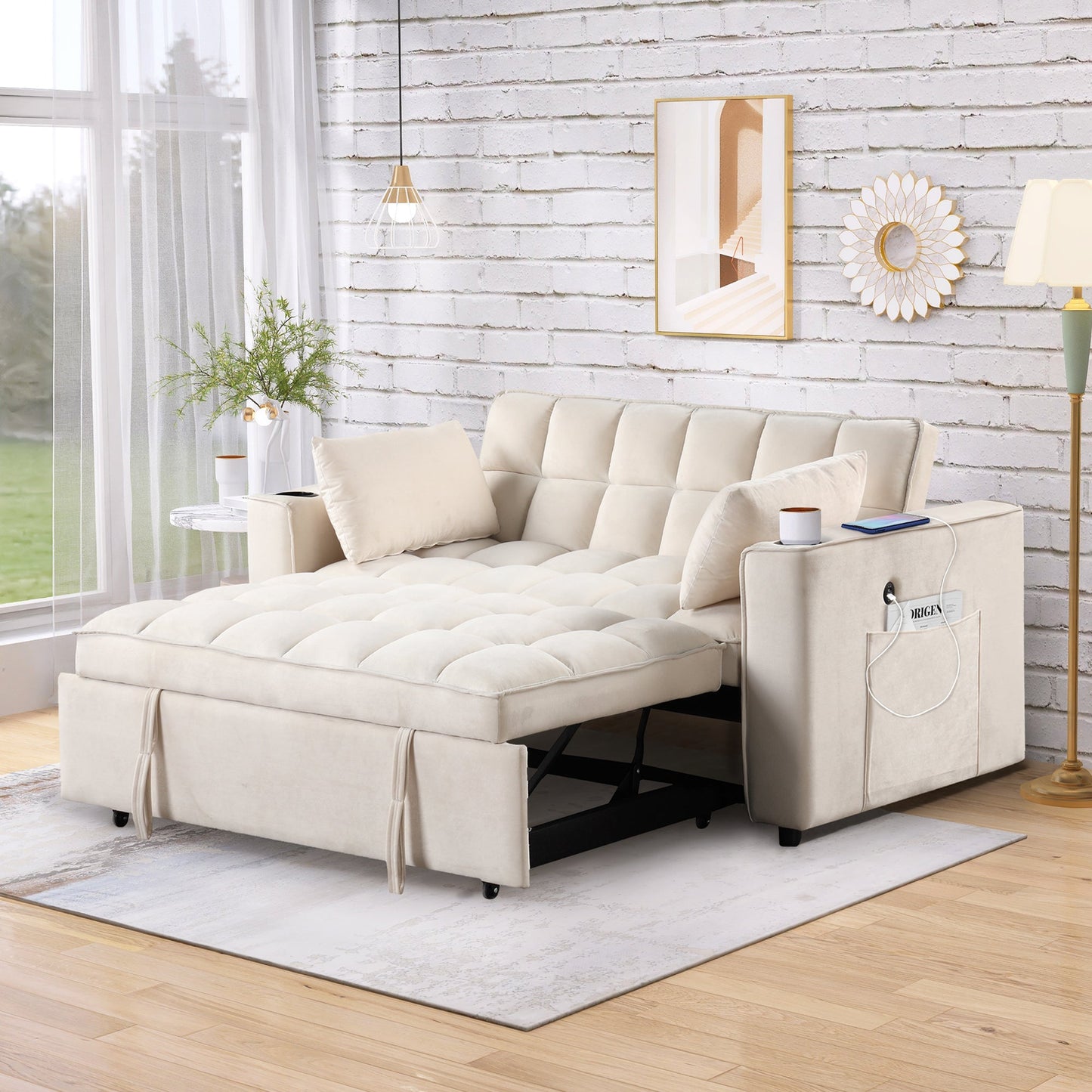55.3" 4-1 Multi-Functional Sofa Bed With Cup Holder and USB Port for Living Room or Apartments Milky White