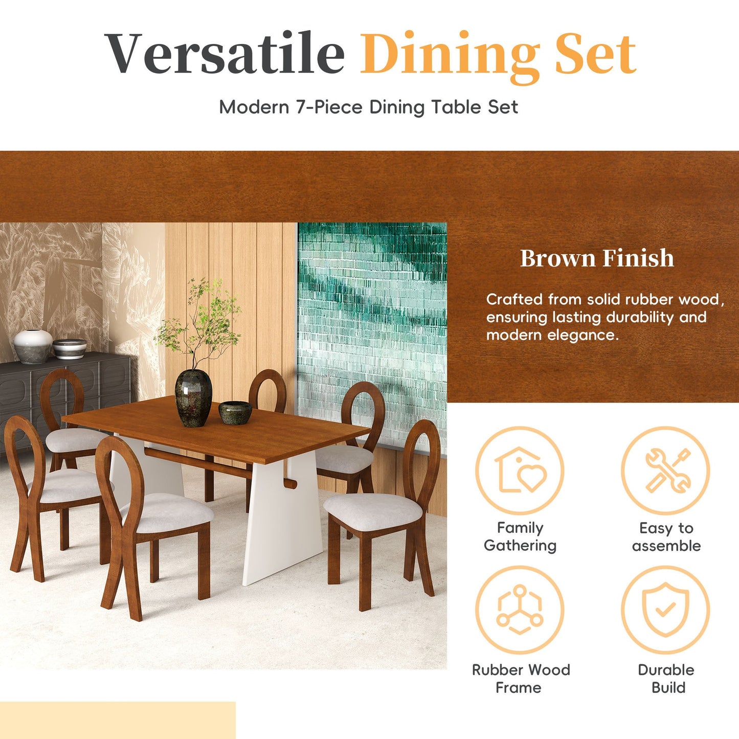 Modern 7-Piece Dining Table Set With Trestle Dining Table and 6 Upholstered Dining Chairs, Compact Kitchen Table