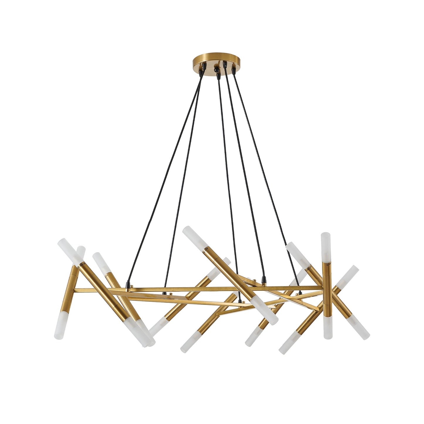 Golden Modern Chandelier Light Fixture, Branch Design With Frosted Tubes, Black Cords, Adjustable Height Pendant Light