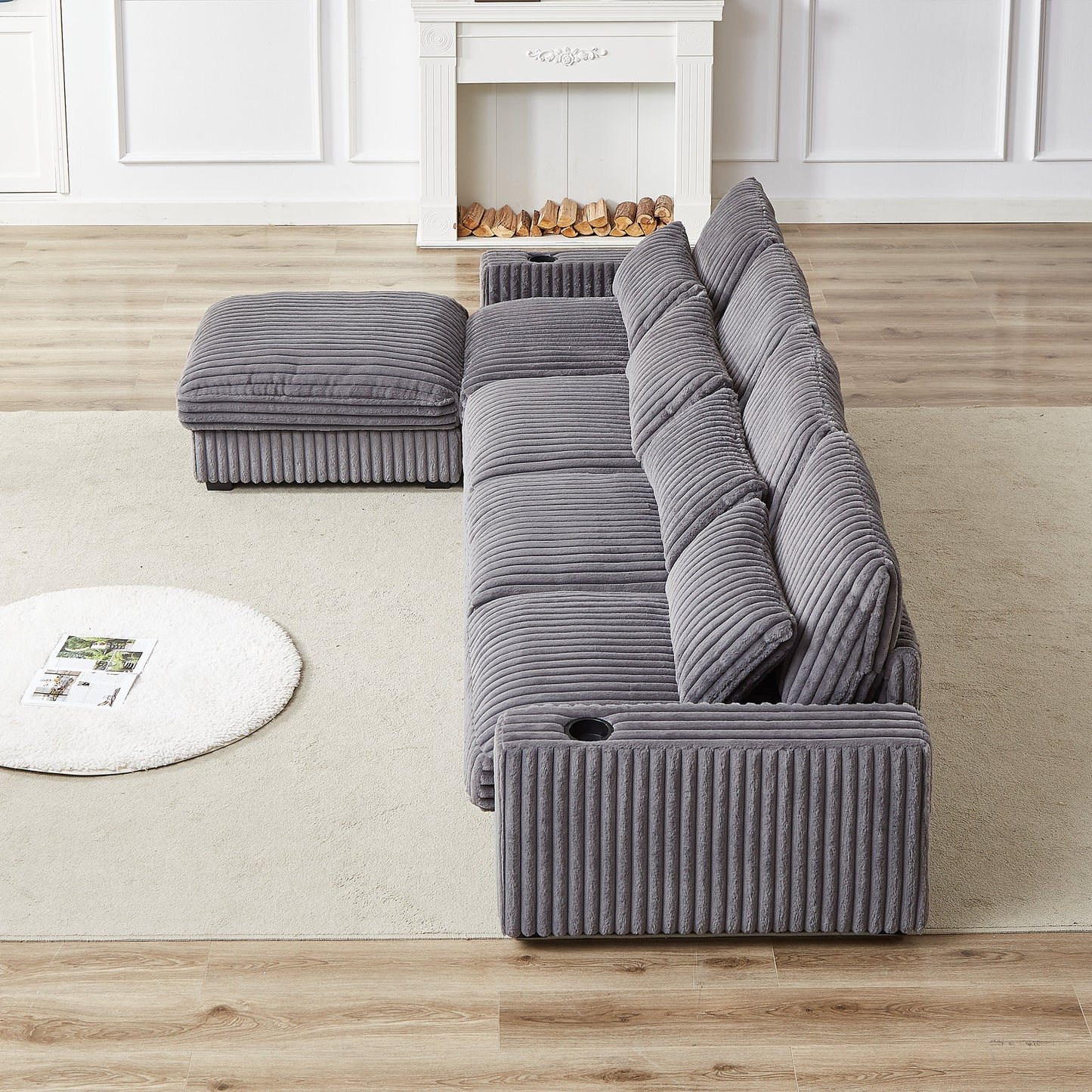 126-Inch Corduroy With Cup Holder Super Large L-Shaped Sofa, Movable Footrest, Four Waist Pillows and Four Back Cushion
