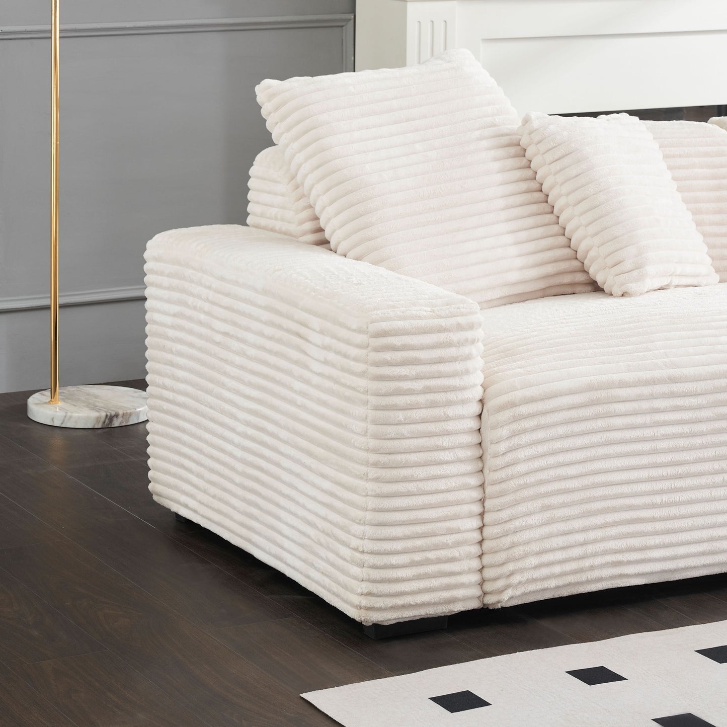 104.72-Inch 4-Seat Large Sofa With 4 Throw Pillows, Living Room Sofa Beige Corduroy Fabric