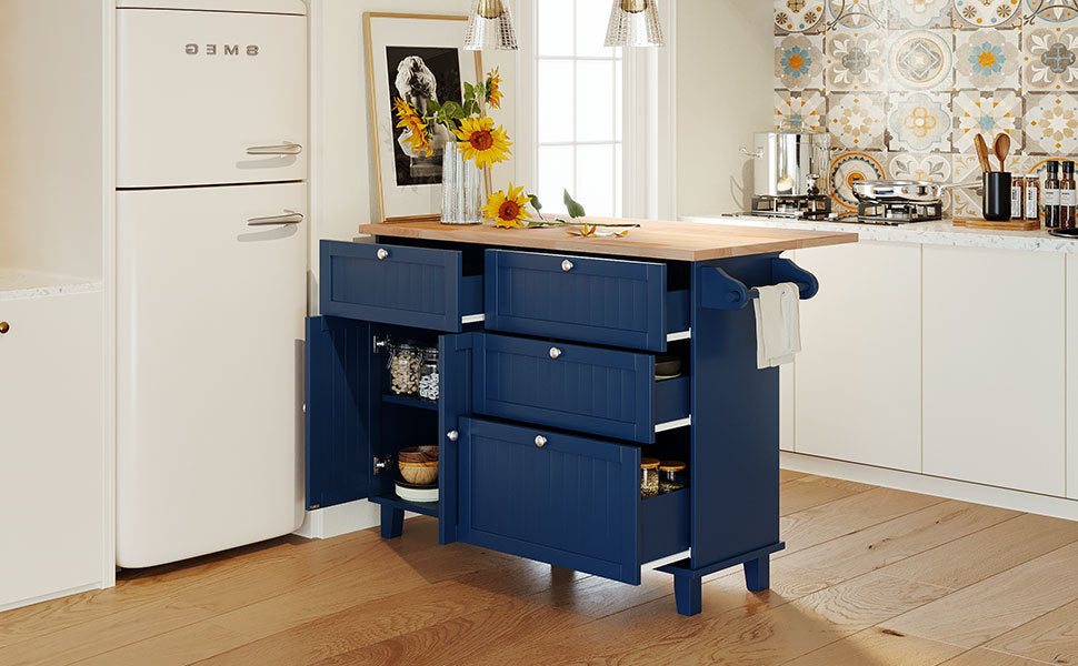 Farmhouse Kitchen Island Set With Drop Leaf and 2 Seatings,Dining Table Set With Storage Cabinet, Drawers and Towel Rack