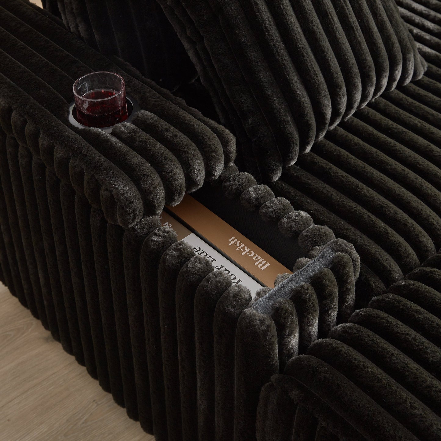 84Inch Corduroy 3-Seater Sofa With 3 Back Pillows ,2 Toss Pillows , a Ottoman ,2storage Spaces and Cup-Holding Grooves