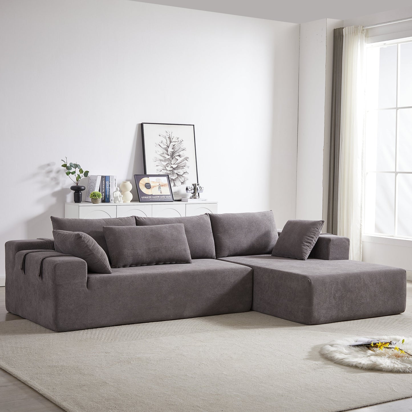 Modern Chenille Upholstered Sectional Sofa Couch Set,Modular 108" L Shaped Sectional Living Room Sofa Set With 6 Pillows