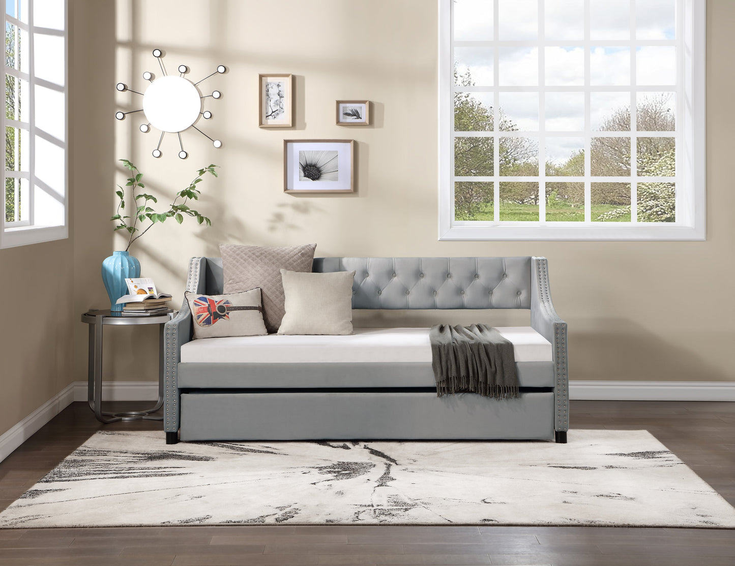 Daybed With Trundle Upholstered Tufted Sofa Bed, With Button and Copper Nail on Arms,full Size Grey
