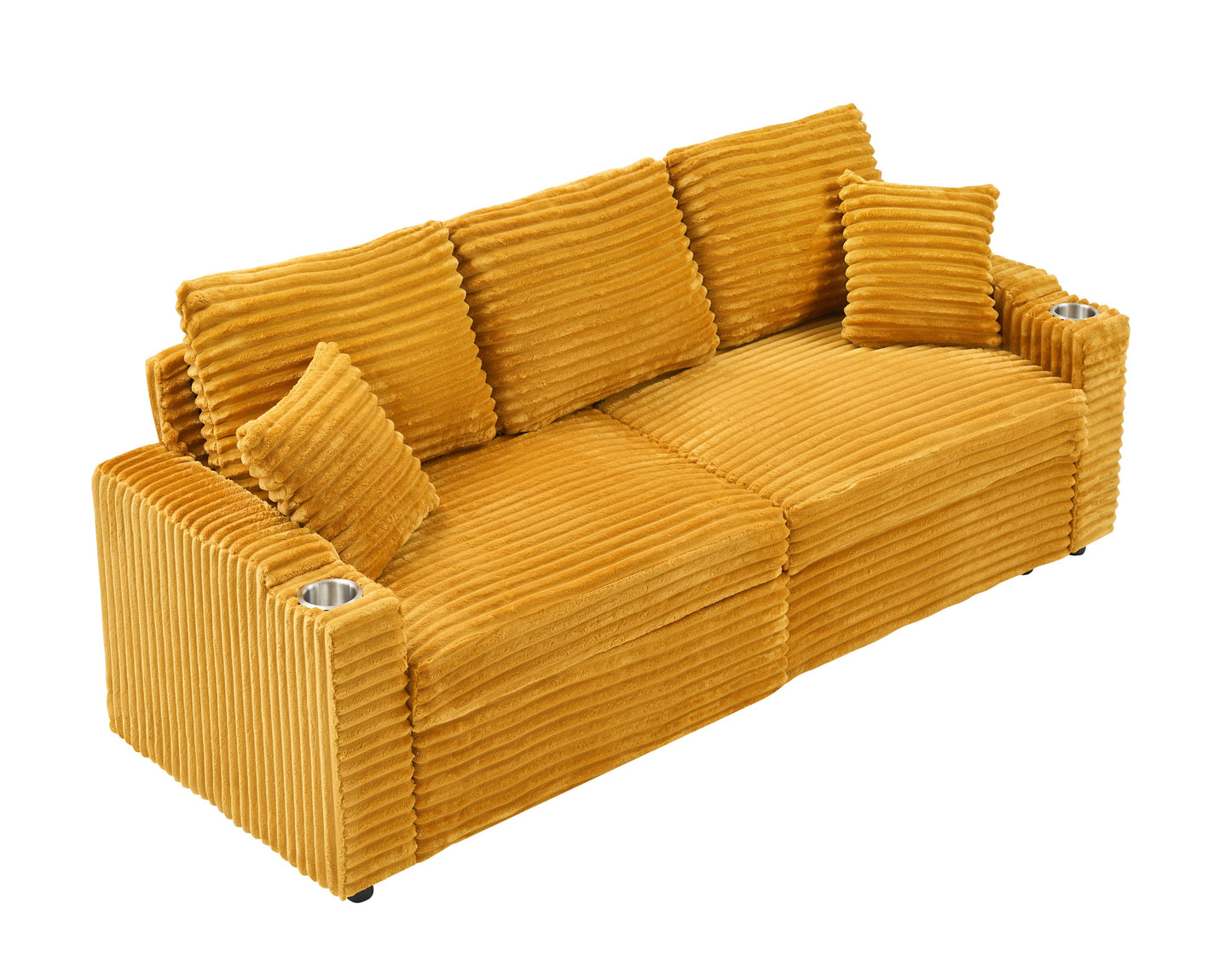 An 80-Inch Two-In-One Pull-Out, Foldable and Hidden Chaise Longue Orange Corduroy Sofa With Cup Holders and Pillows