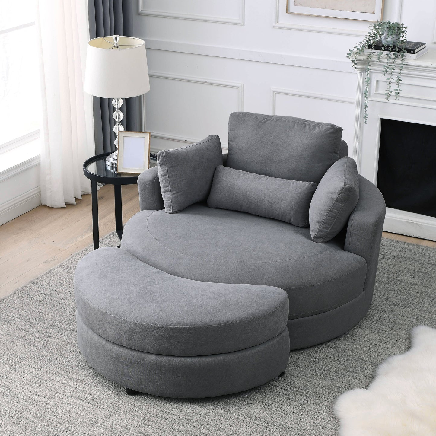 Swivel Accent Barrel Modern Dark Grey Sofa Lounge Club Big Round Chair With Storage Ottoman Linen Fabric for Living Room