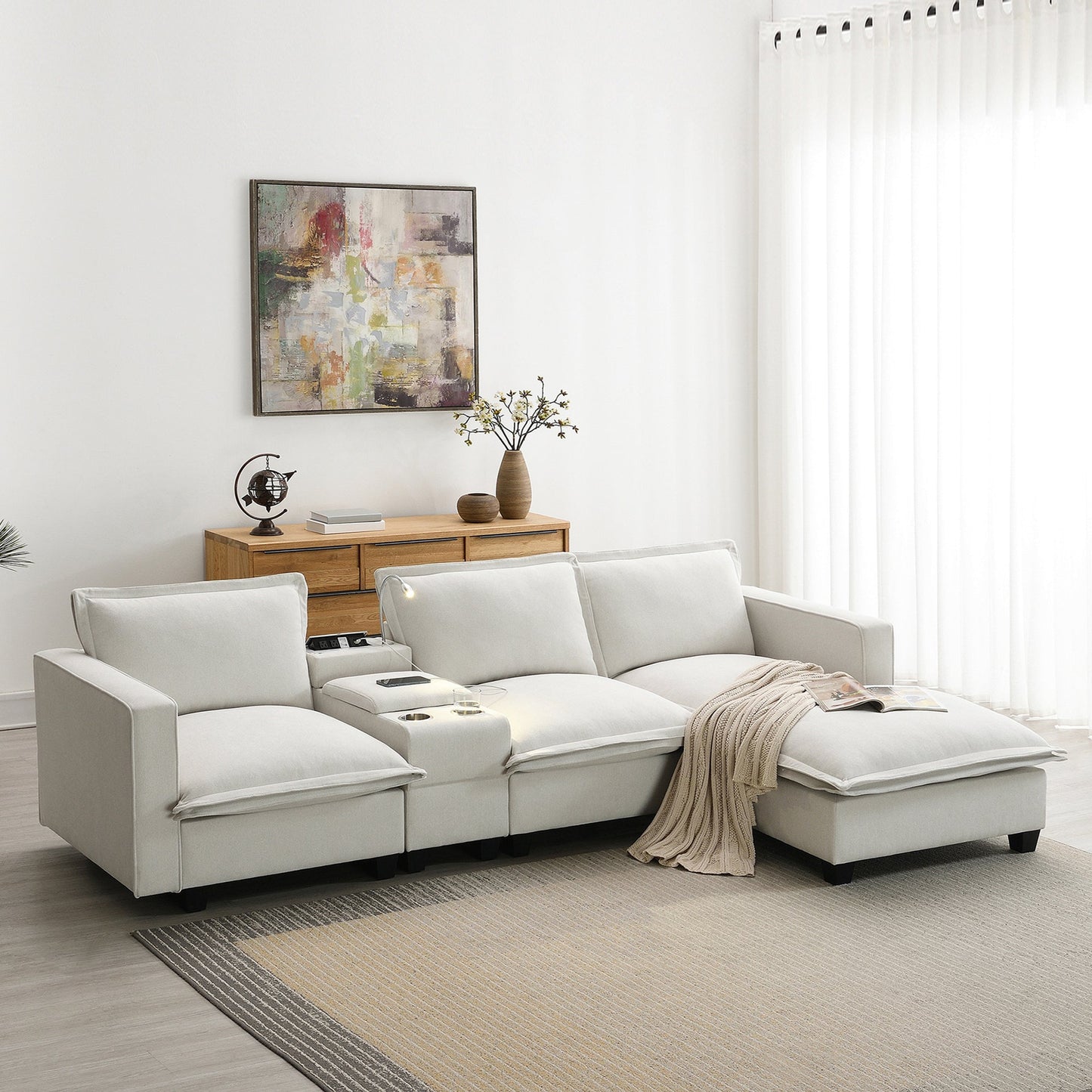 109*57" Modern Sectional Cloud Sofa With Console,USB Charger,Reading Light,Cup Holder,Wide Seat,4 Seat Chenille Modular