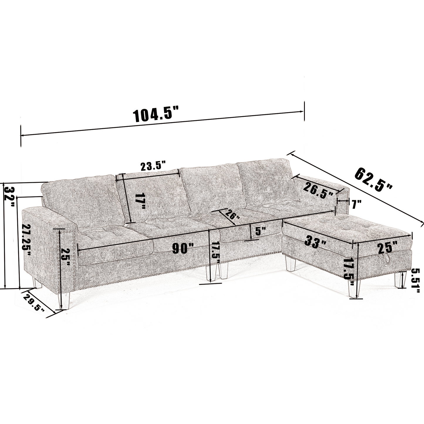 5 Seat Modular Sofa,with Storage Ottoman, Convertible Sectional Sofa, L Shaped Couch , Reversible Chaise ,Riveted Sofa