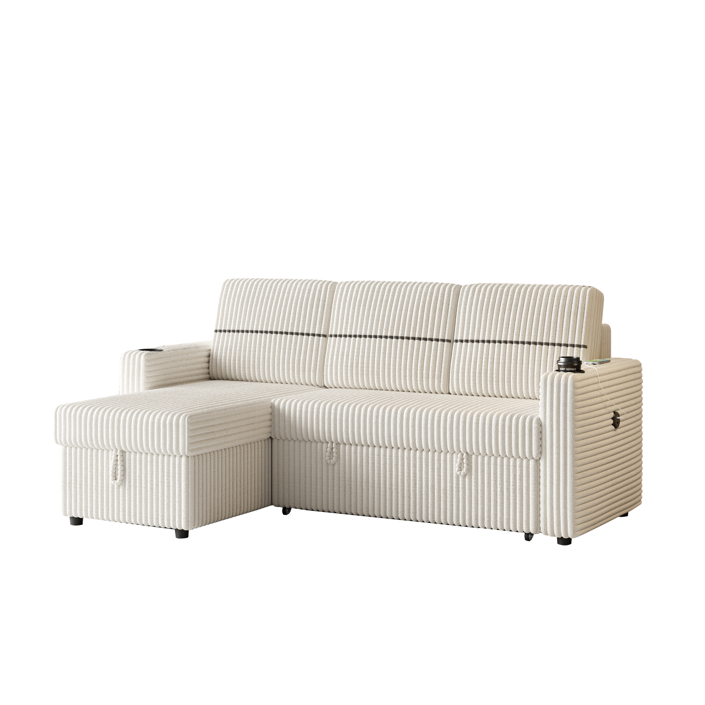 85 Inches Corduroy Sofa Bed, 3 Seater Sleeper Sofa With Storage Chaise, Square Handrail With Two Cup-Holder and USB Charger