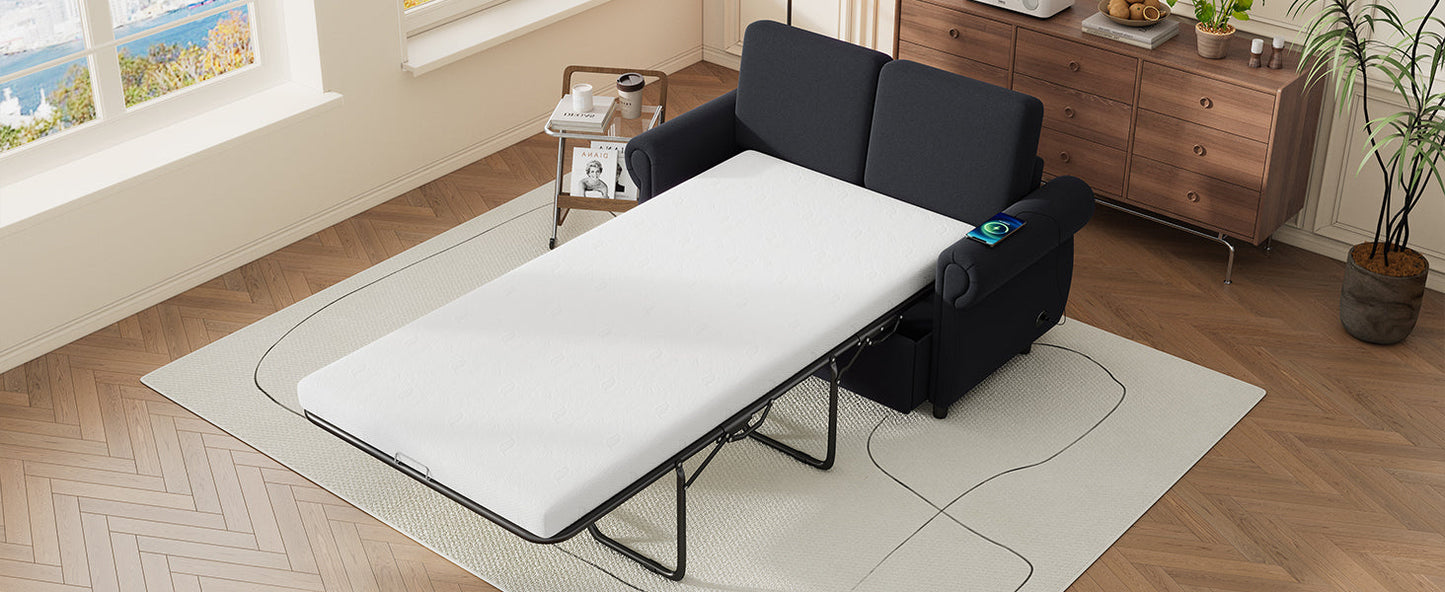 57.9" Pull Out Sofa Bed Loveseat Sleeper With Twin Size Memory Mattress With Two USB Ports for Living Room Spaces, Black