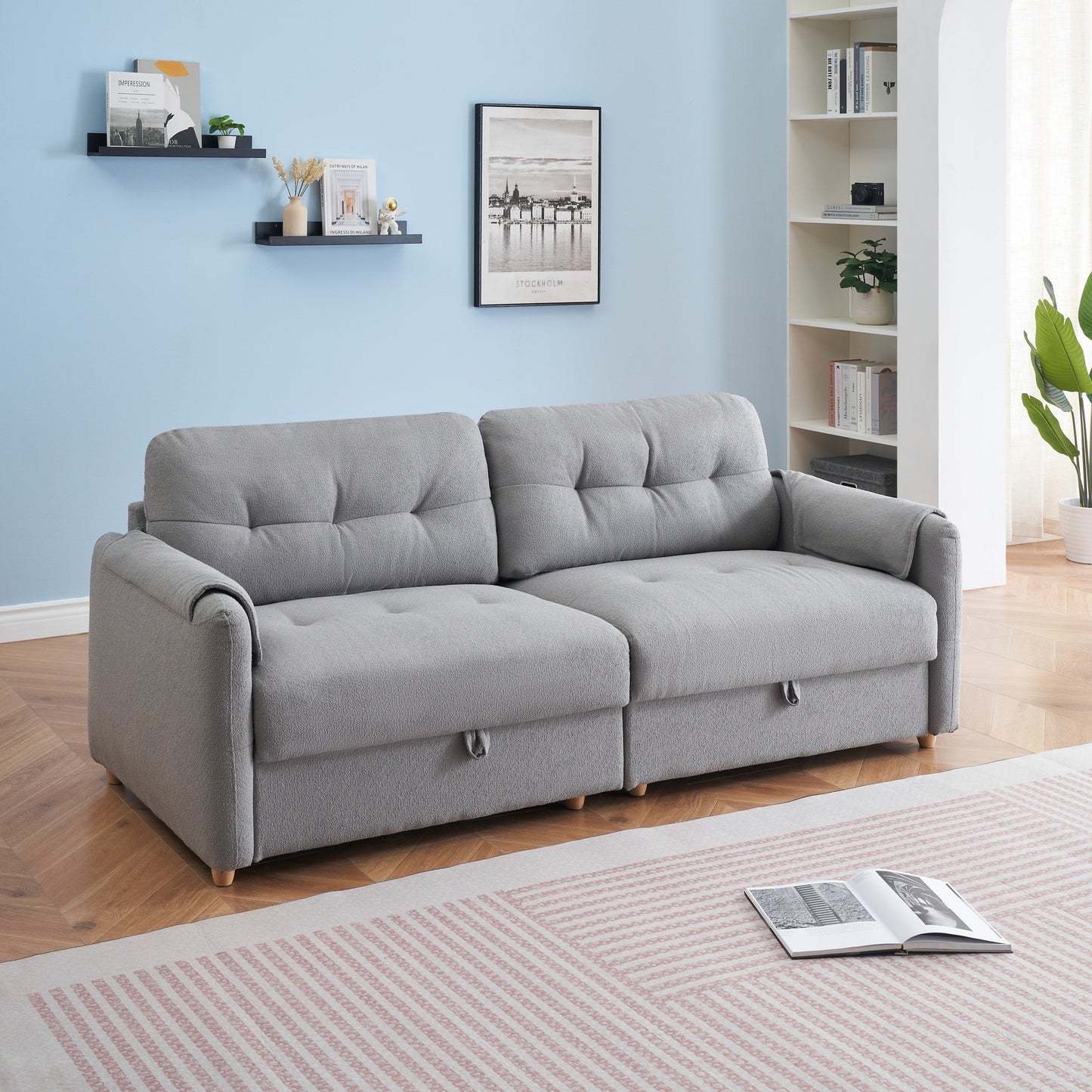 79.50 Inches Long, Teddy Cotton Linen Sofa Fabric, With Metal Conical Long Legs, Metal Strip Matching, Stylish