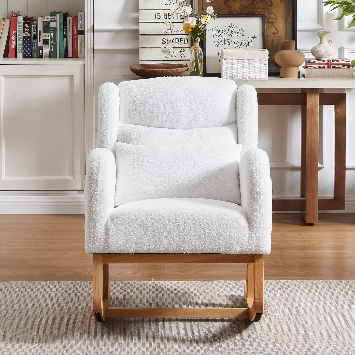 Modern Accent High Backrest Living Room Lounge Arm Rocking Chair, Two Side Pocket