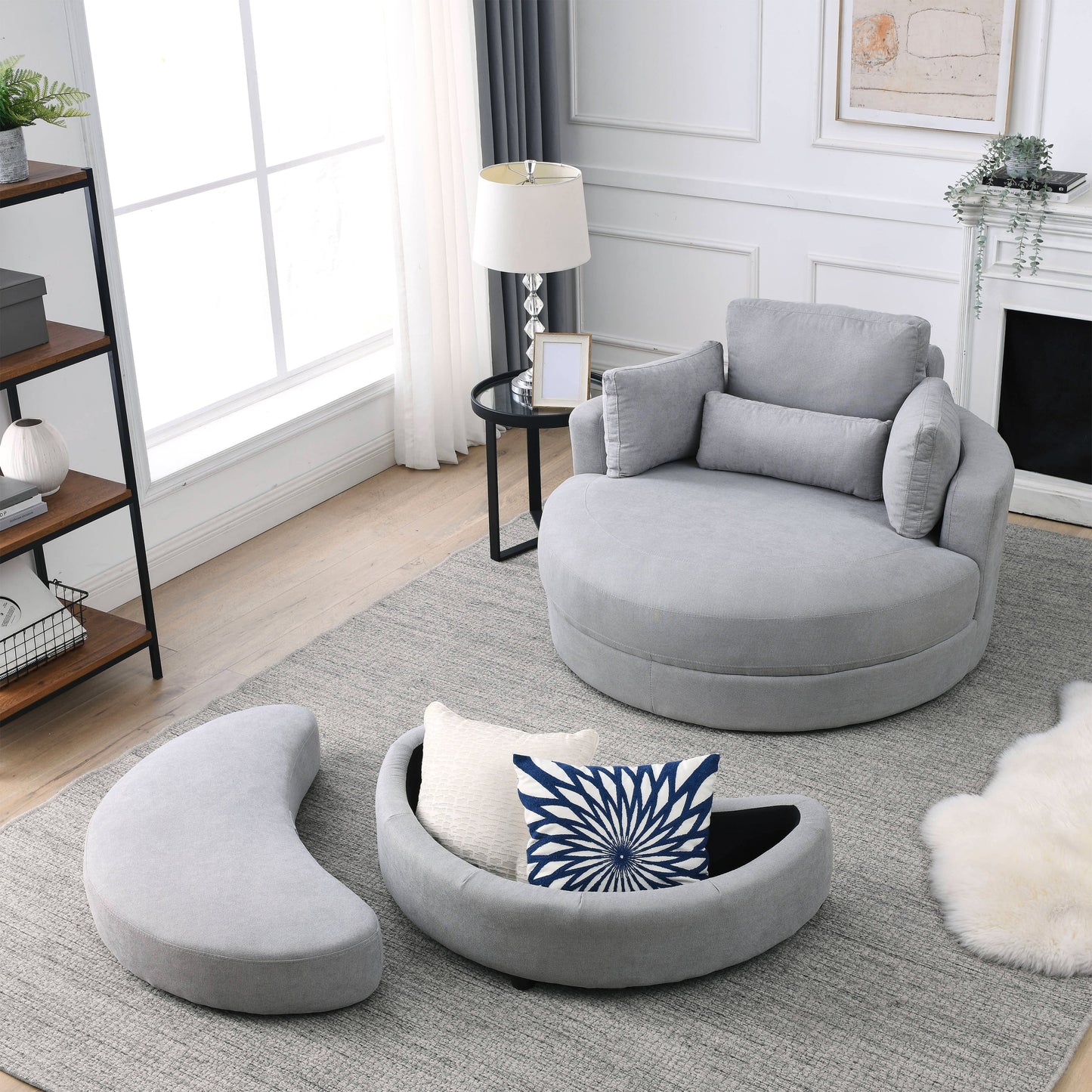 Swivel Accent Barrel Modern Grey Sofa Lounge Club Big Round Chair With Storage Ottoman Linen Fabric for Living Room