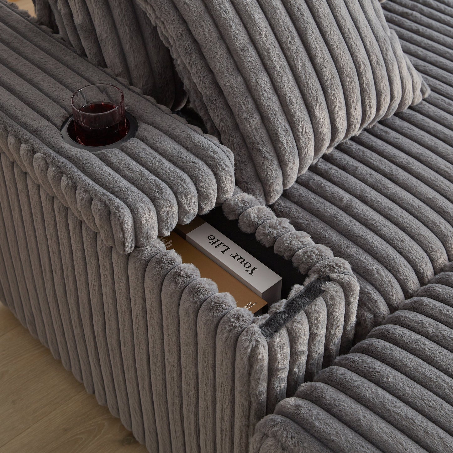 84Inch Corduroy 3-Seater Sofa With 3 Back Pillows ,2 Toss Pillows , a Ottoman ,2storage Spaces and Cup-Holding Grooves