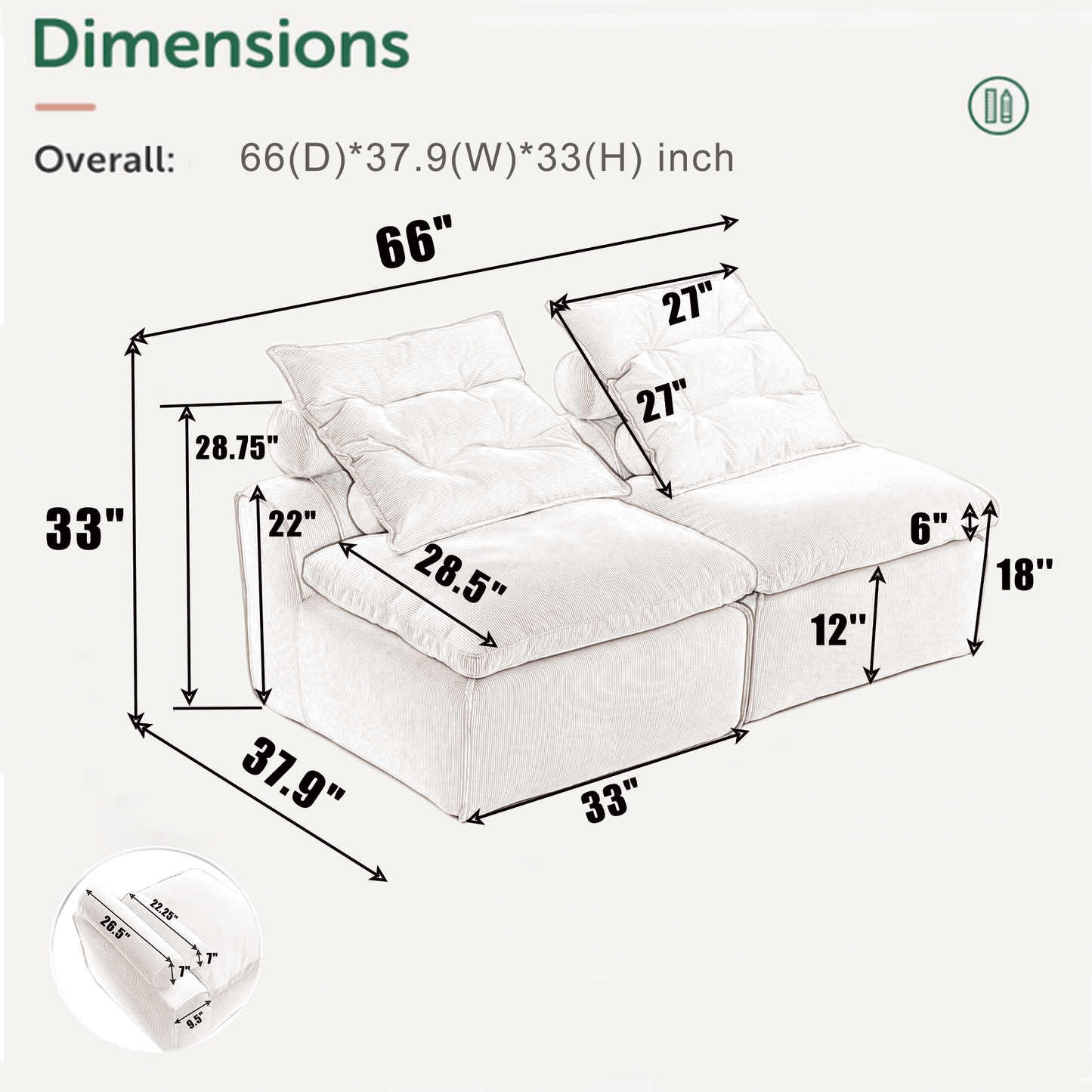 Modular Sofa,No Armrests,At Will DIY,Soft Corduroy Fabric,Neck Pillow-Back Lounge Sofa Chair,Reading Nook, or Apartment