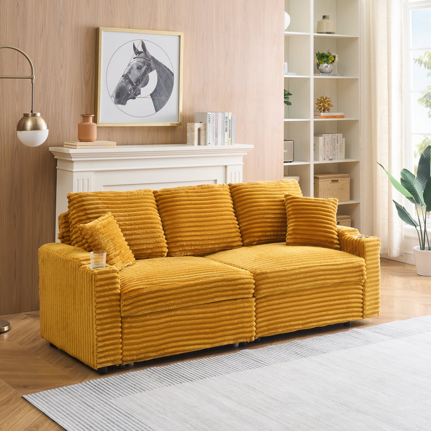 An 80-Inch Two-In-One Pull-Out, Foldable and Hidden Chaise Longue Orange Corduroy Sofa With Cup Holders and Pillows