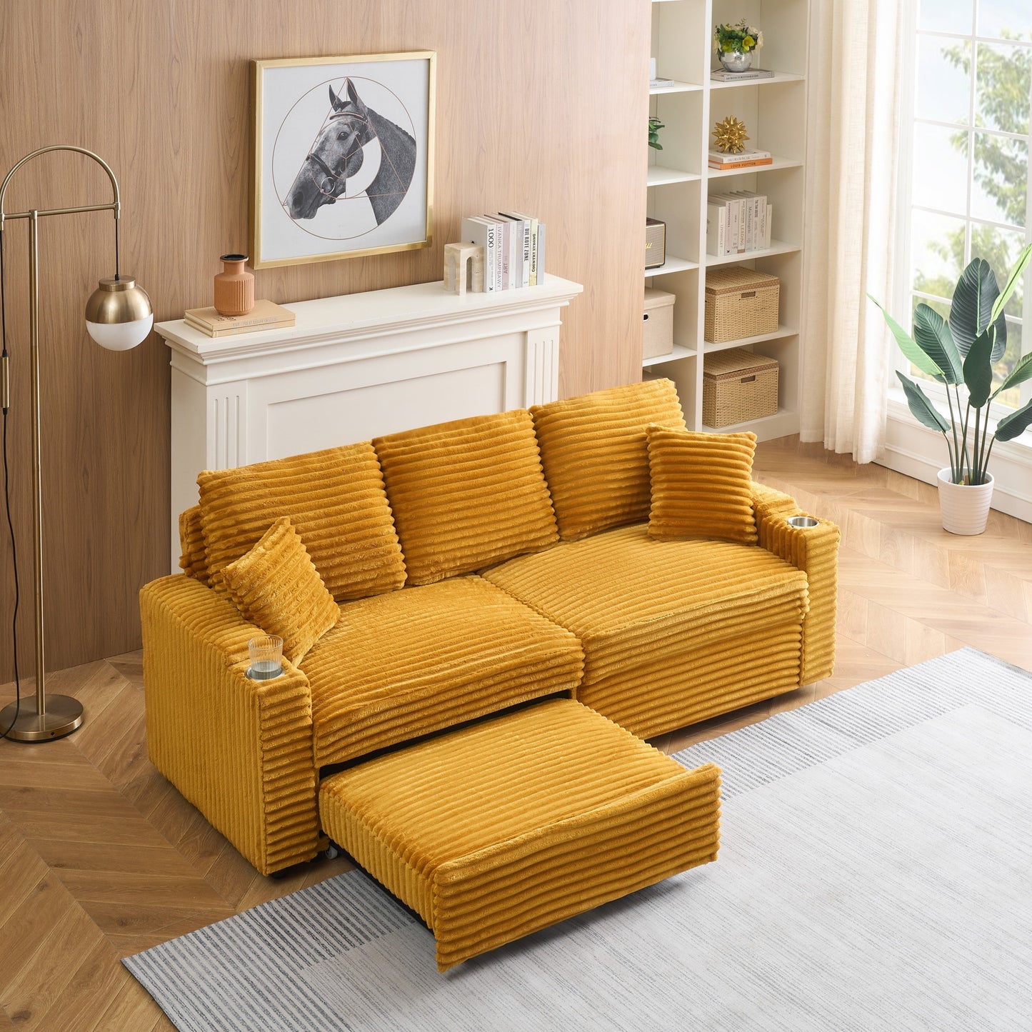 An 80-Inch Two-In-One Pull-Out, Foldable and Hidden Chaise Longue Orange Corduroy Sofa With Cup Holders and Pillows