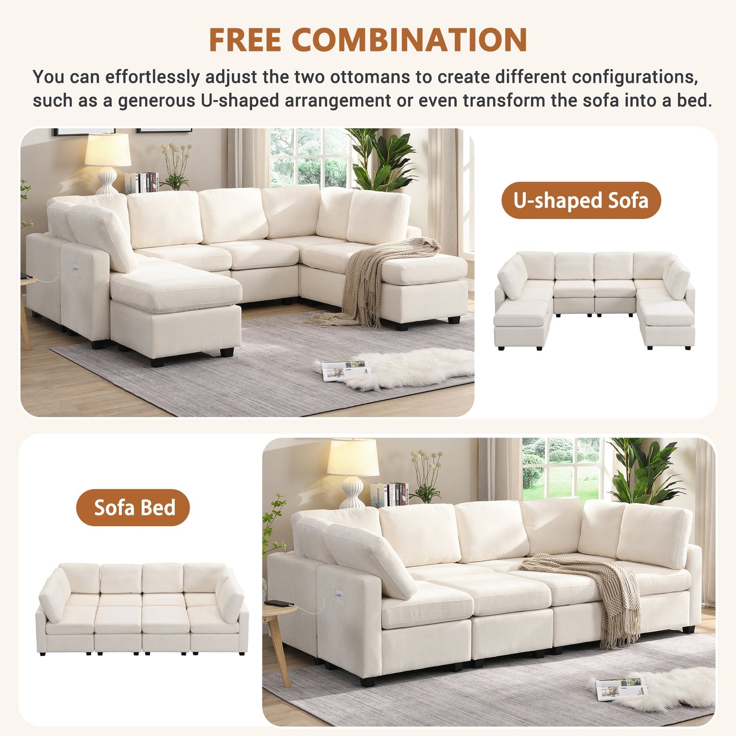 103" Sectional Sofa Couch Sofa Bed U-Shaped Sofa With Two Movable Ottoman and Three USB Ports for Living Room, Beige