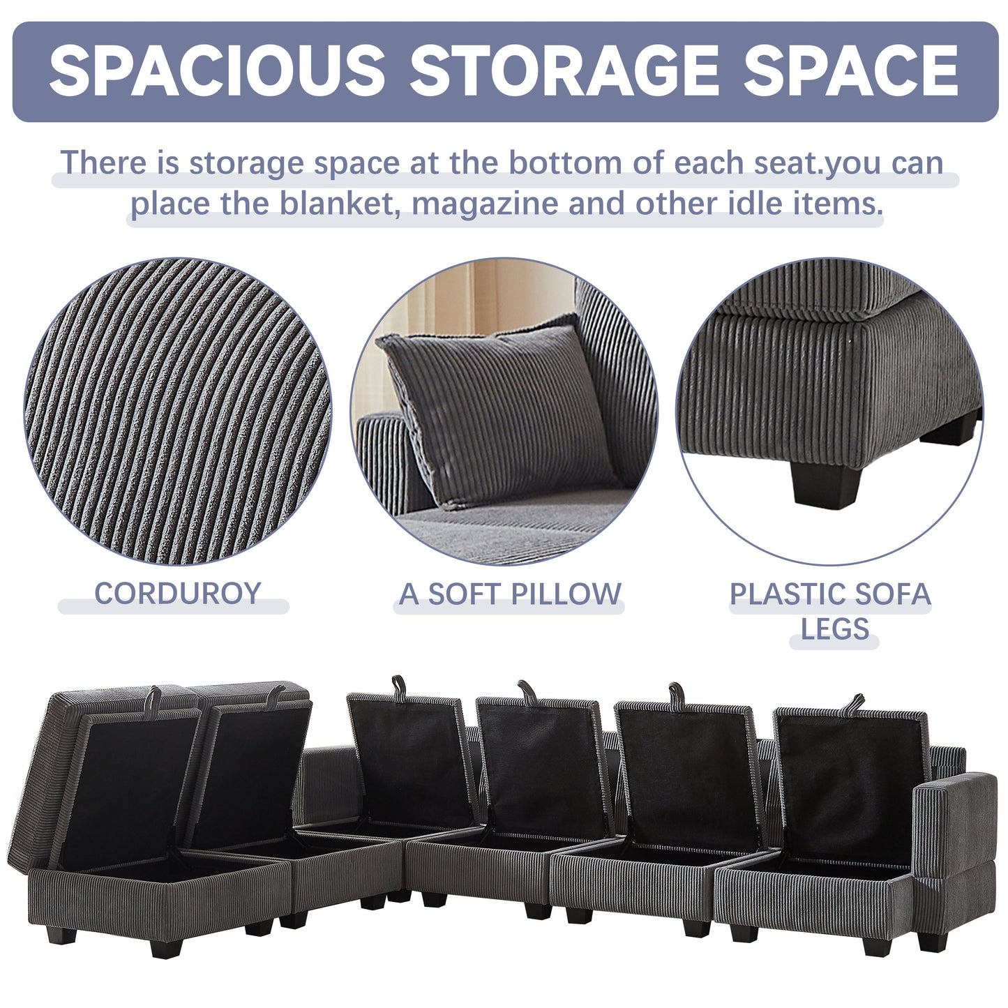 113.5'' Modular Sectiona Corduroy Sofa, Sectional Couches for Living Room U Shaped Sectional Couch With Storage Ottoman