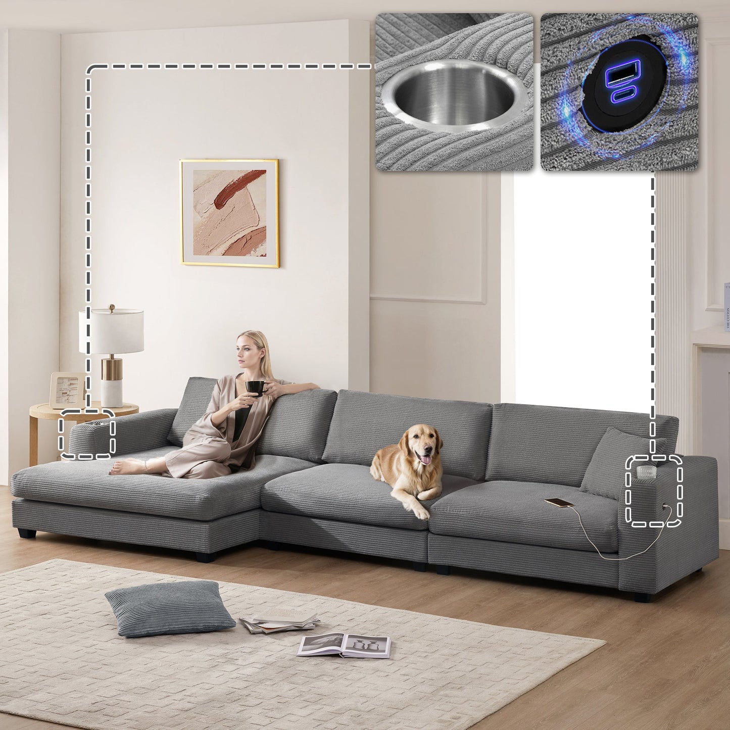 134*54"Oversized Corduroy Sectional Sofa,L Shaped Cloud Couch With USB Charging Port,Cup Holder,Deep Seat Sofa Bed