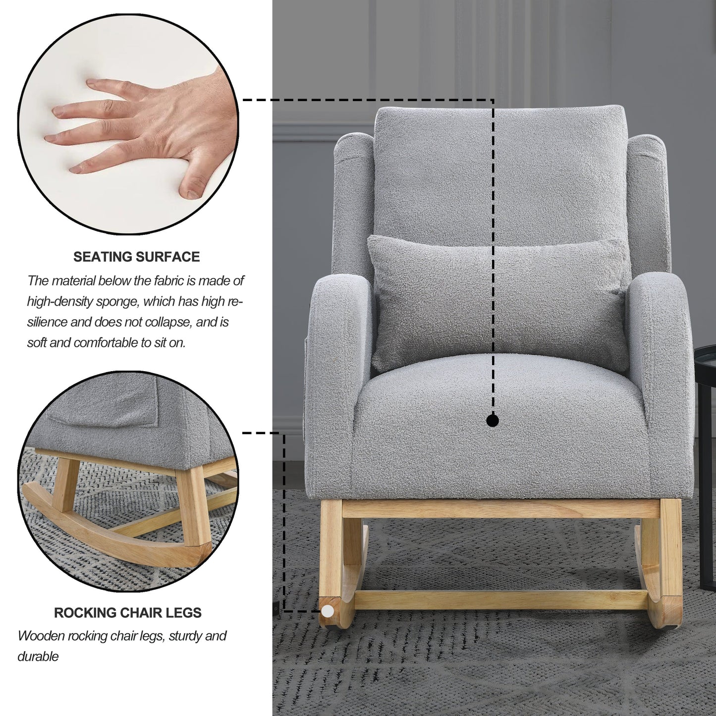 27.5 "W Modern Accent High Back Living Room Casual Armchair Rocker With One Lumbar Pillow, Two Side Pockets