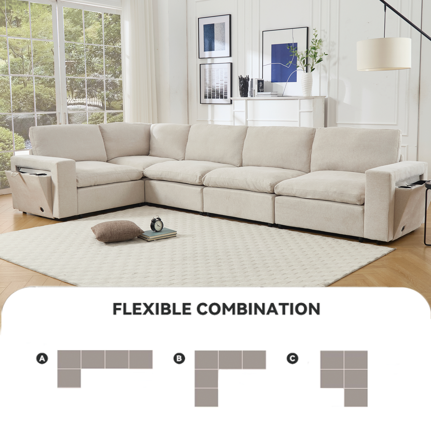 Sectional Couches for Living Room,Modular Couch,Wireless Charging Port & Cup Holders,5-Seat ,DIY Combination,L-Shaped Sofa