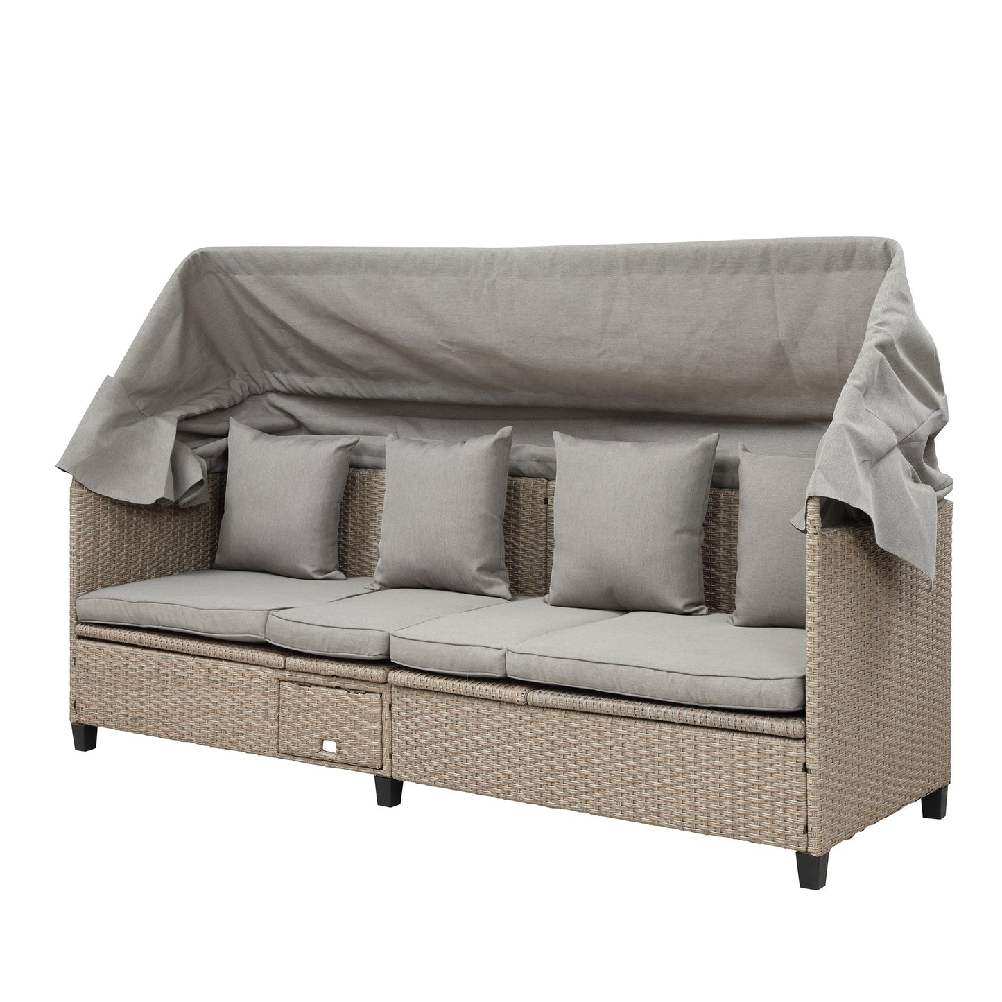 4 Piece UV-Proof Resin Wicker Patio Sofa Set With Retractable Canopy, Cushions and Lifting Table,Brown
