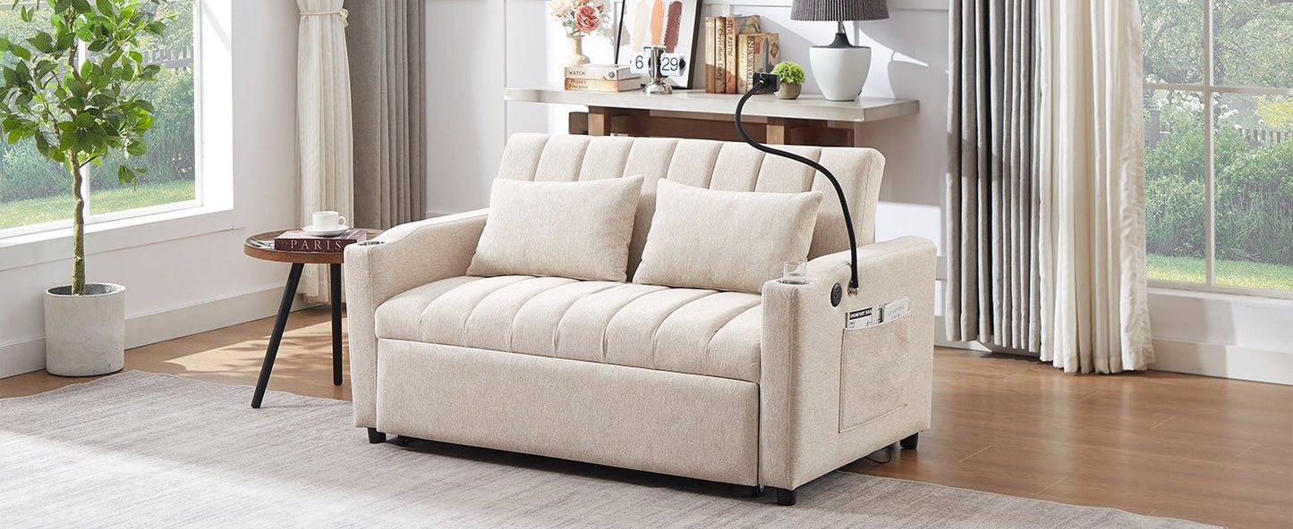 55.9" Convertible Sofa Bed Loveseat Sofa With Three USB Ports, Two Side Pockets, Two Cup Holders