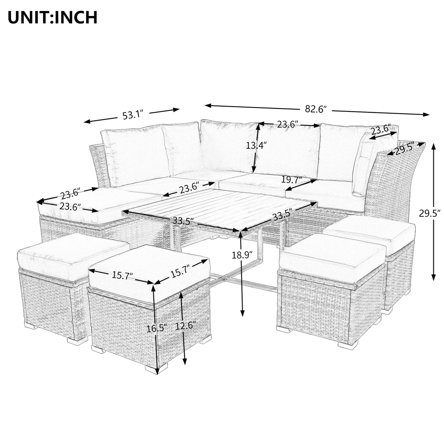 Patio Furniture Set, 10 Piece Outdoor Conversation Set, CoffeeTable With Ottomans, Solid Wood Coffee Table