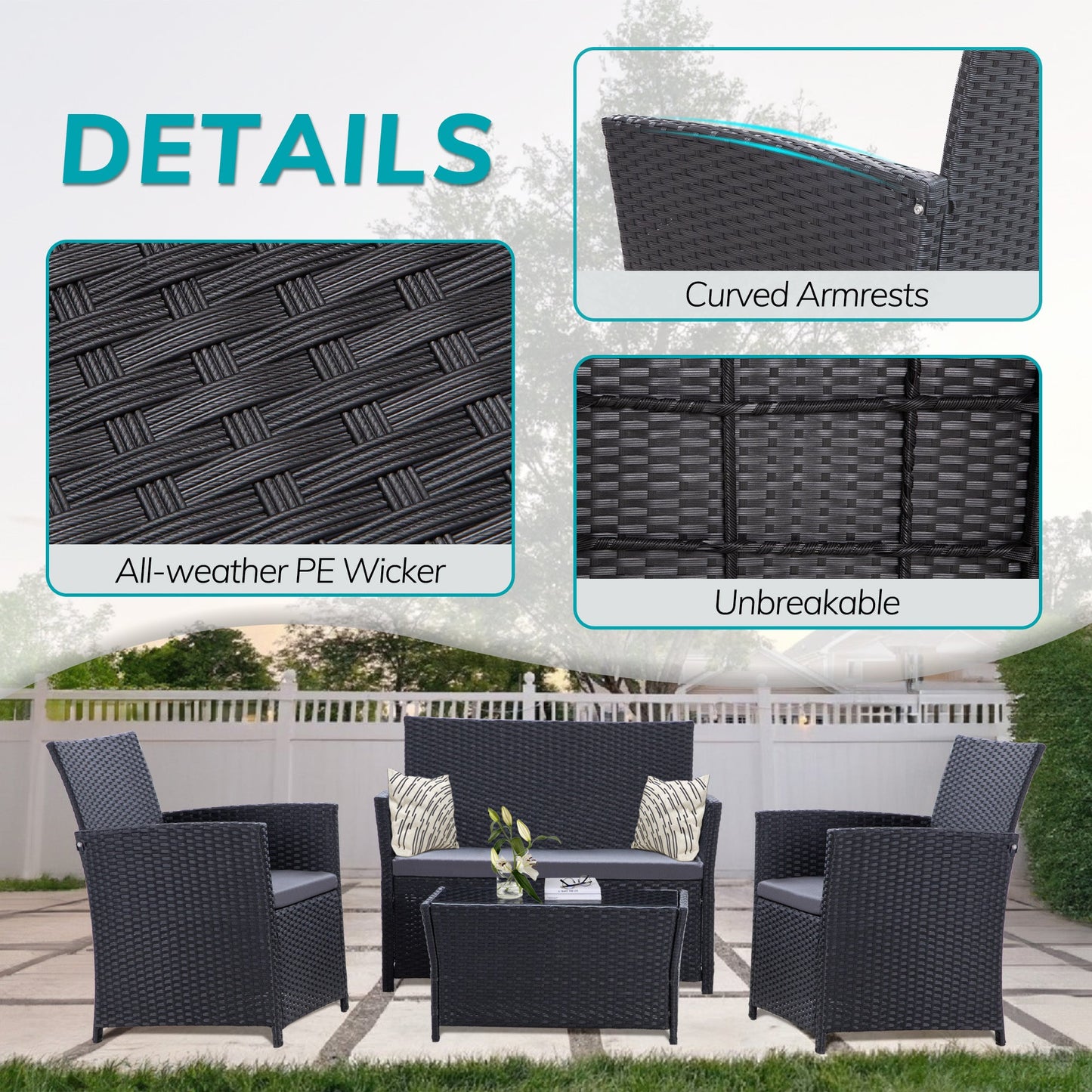 4 Piece Outdoor PE Wicker Furniture Set, Patio Black Rattan Sectional Sofa Couch With Washable Cushions