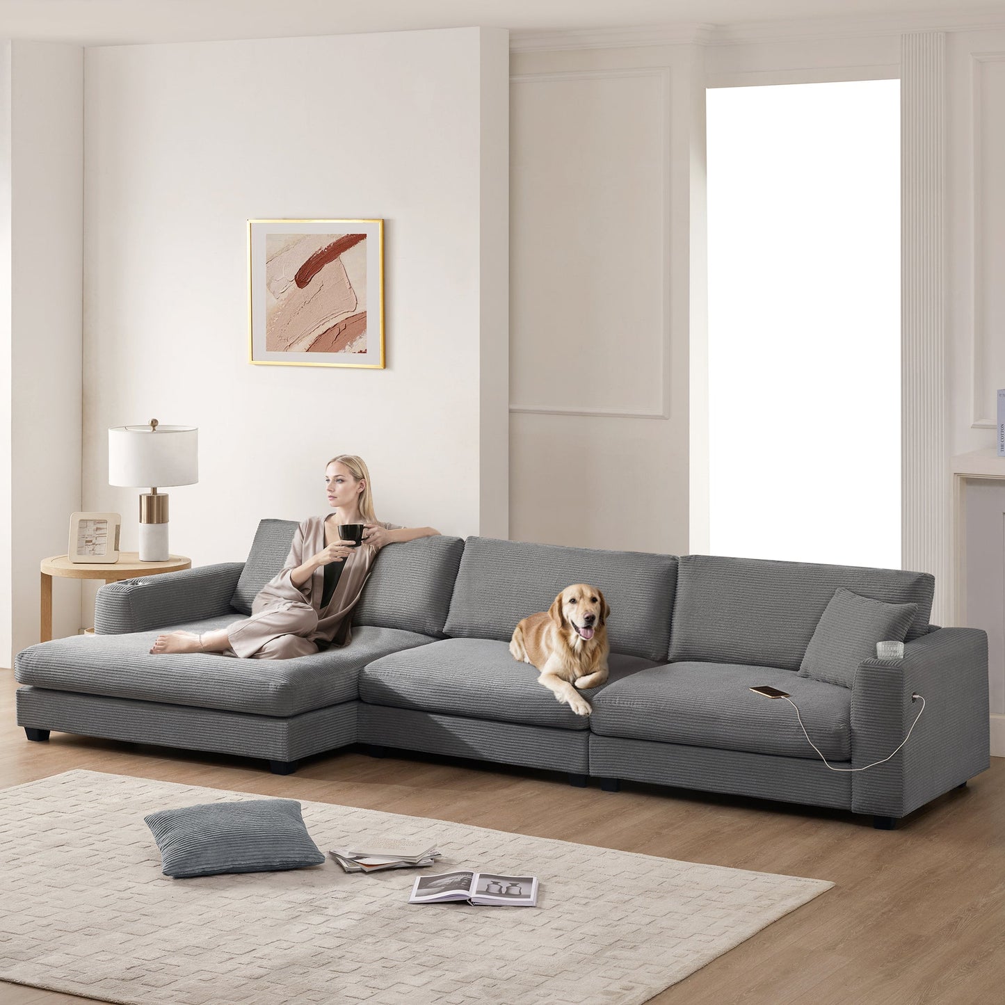 134*54"Oversized Corduroy Sectional Sofa,L Shaped Cloud Couch With USB Charging Port,Cup Holder,Deep Seat Sofa Bed