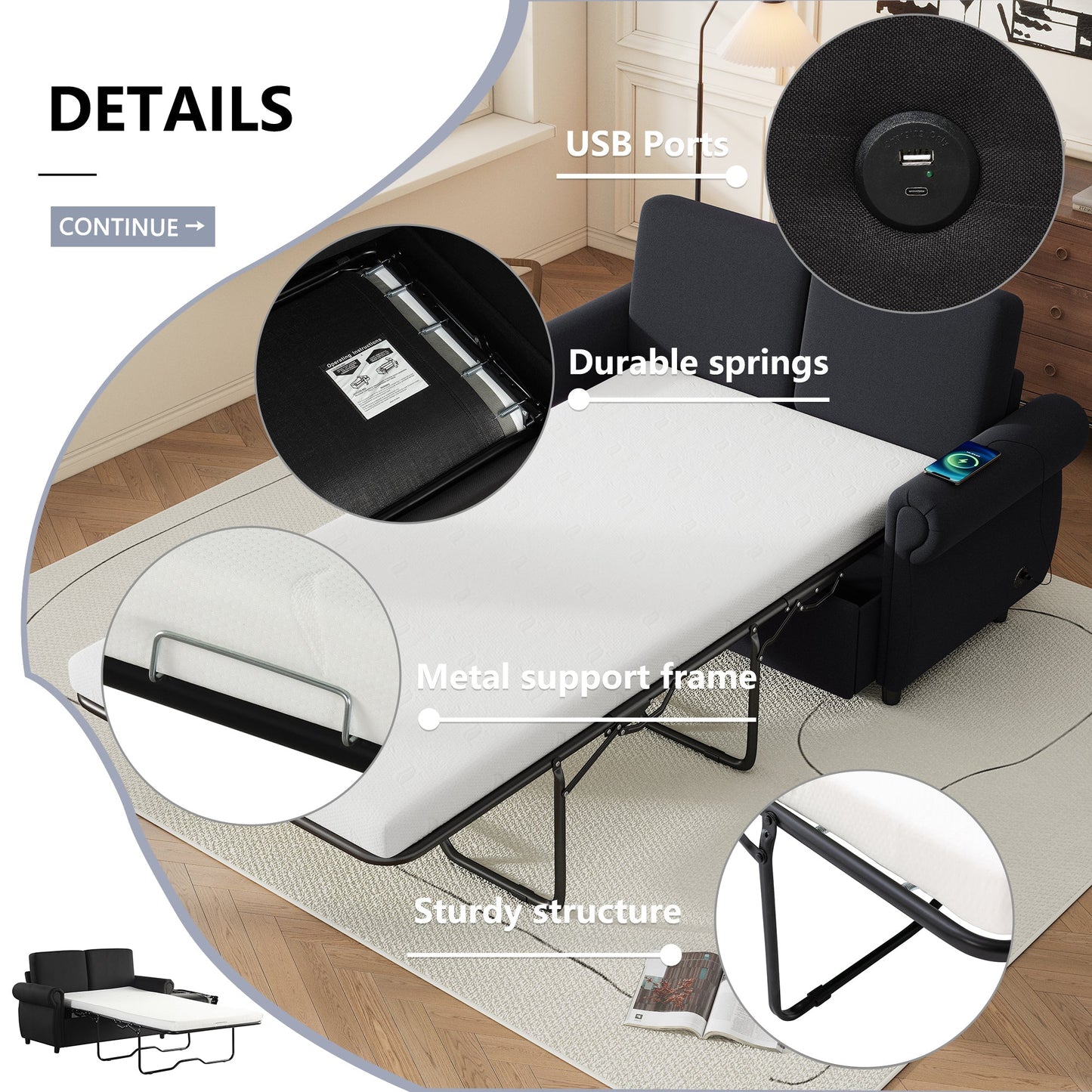 57.9" Pull Out Sofa Bed Loveseat Sleeper With Twin Size Memory Mattress With Two USB Ports for Living Room Spaces, Black