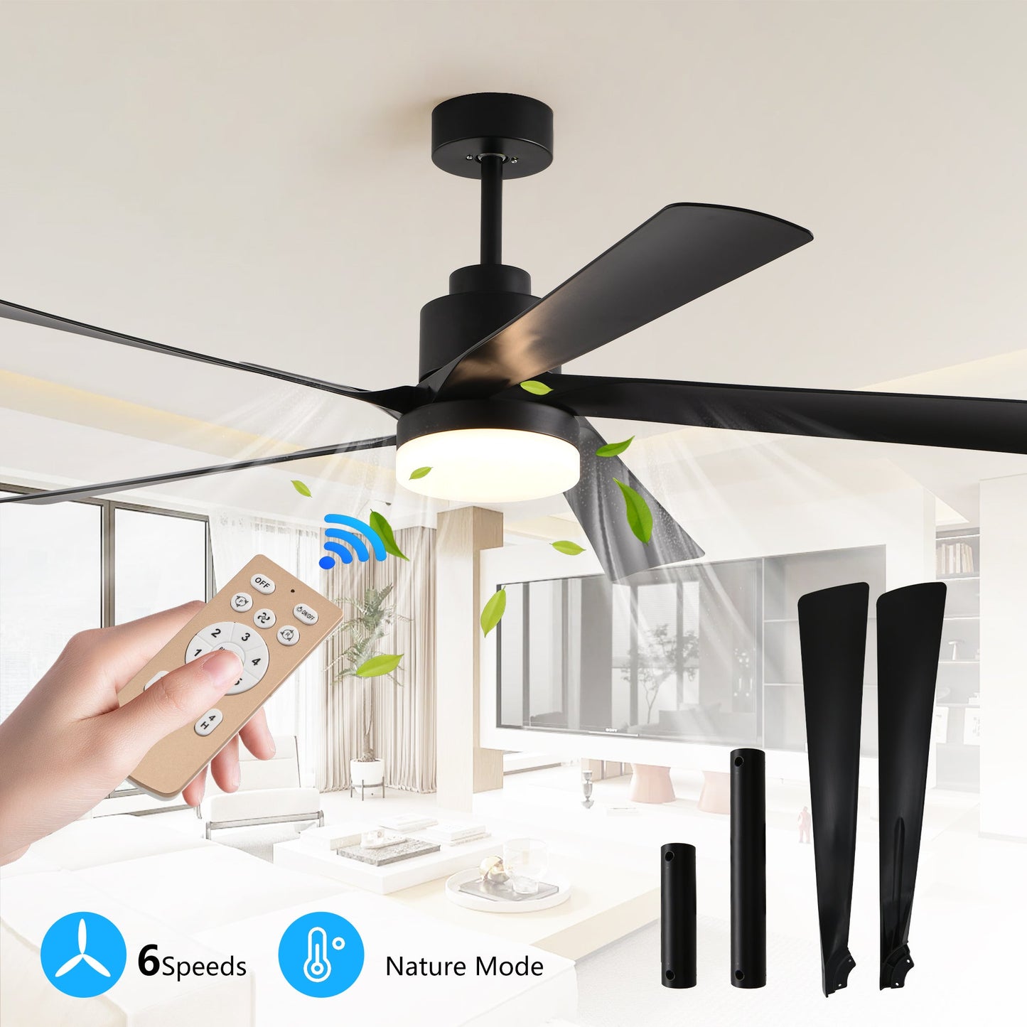 65 Inch Black Ceiling Fan With Light, 5-Blade Dimmable LED Ceiling Fan With Remote Control, Modern Quiet Design