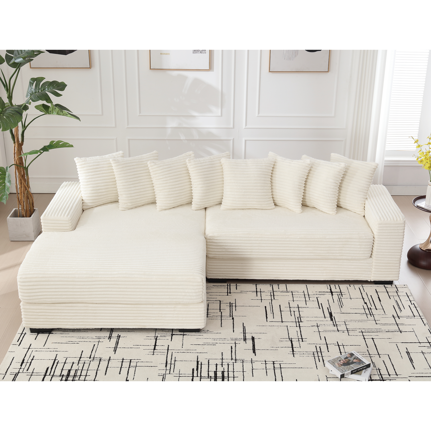 Oversized Two-Piece Couches, L Shaped Sofa, Corduroy, Left Chaise Daybed,with Armrests,Eight Throw Pillows,Corner Sofa