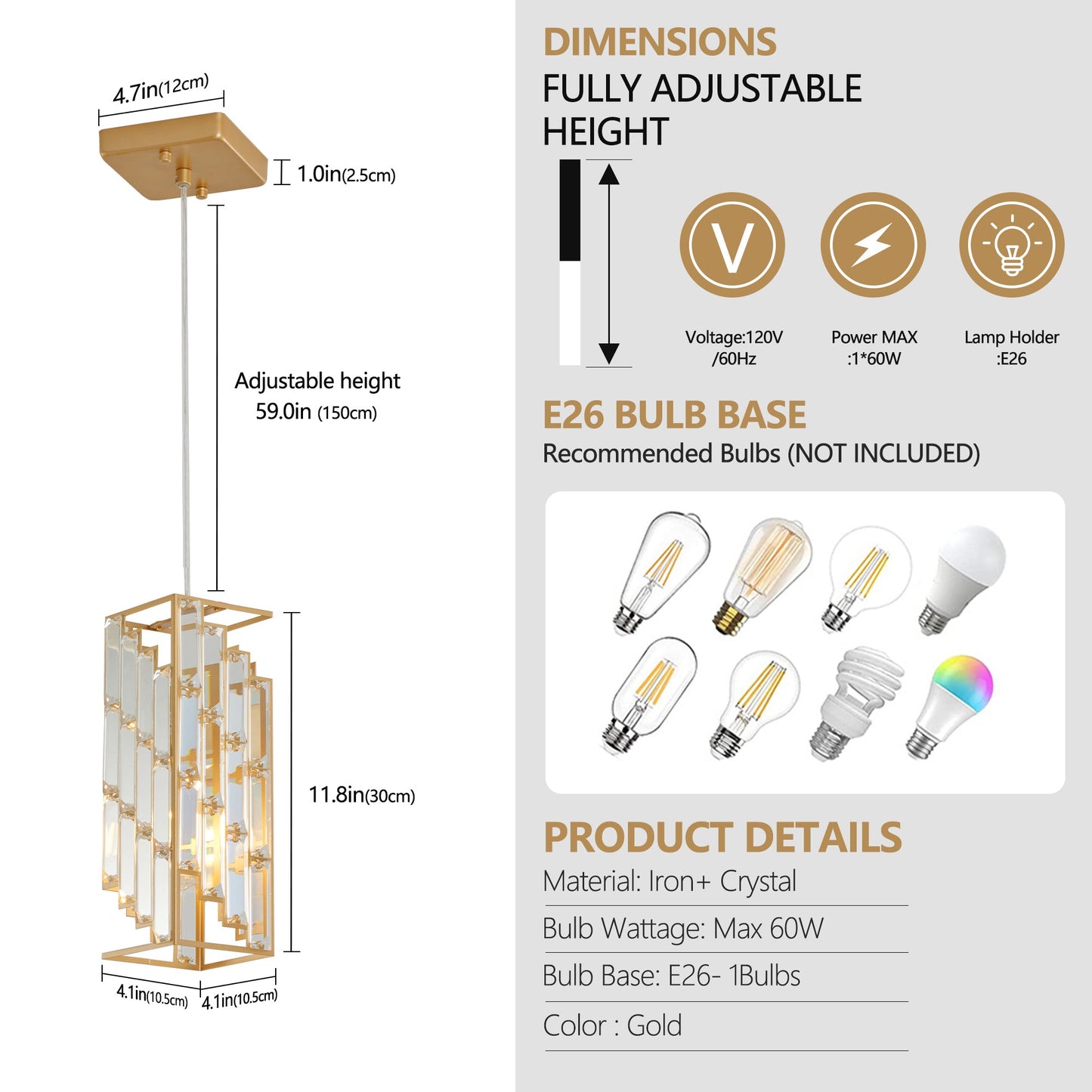 Modern Crystal Pendant Light - 3 Pack, Adjustable Hanging Ceiling Lamp With Crystal Prism Design for Dining Room