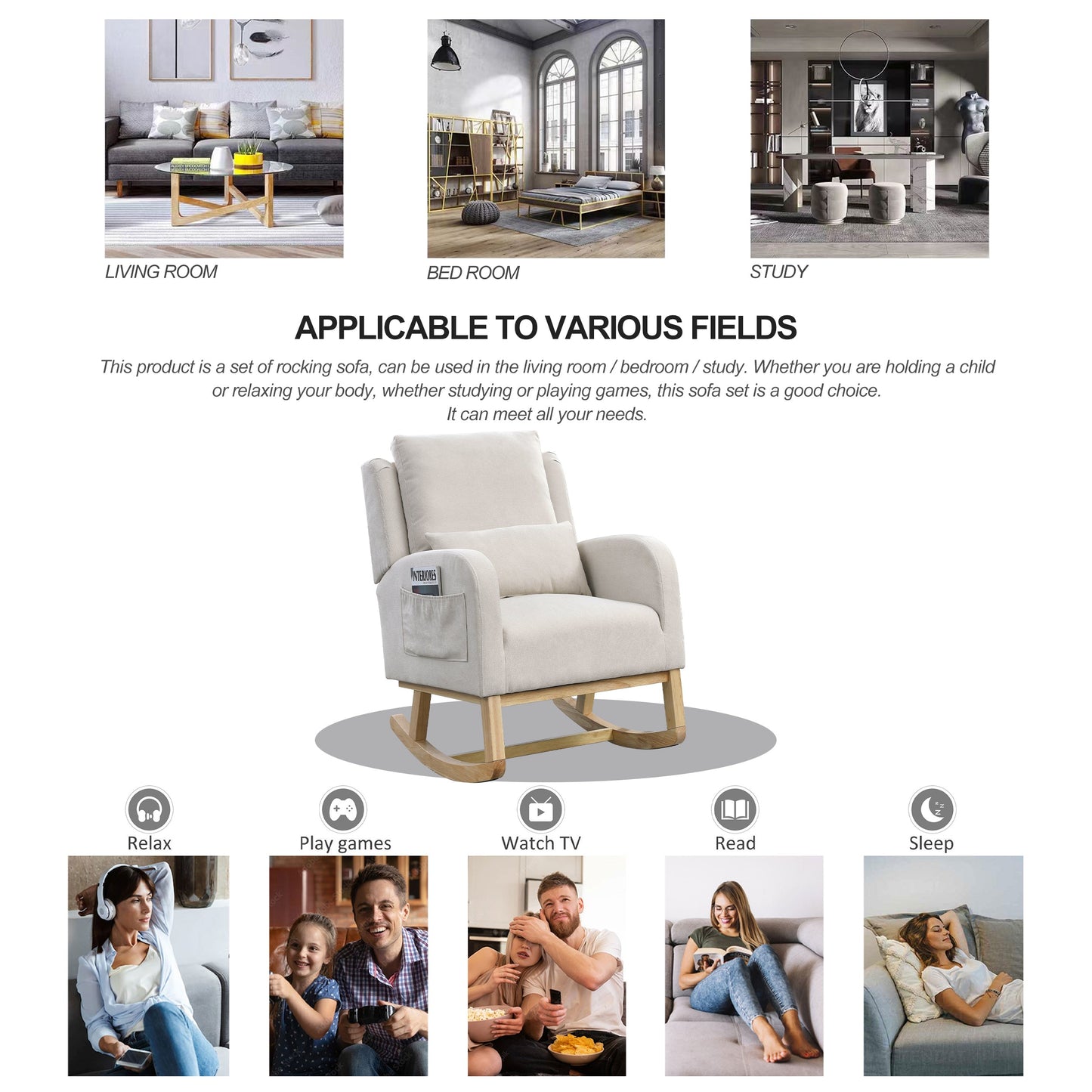 27.5 "W Modern Accent High Back Living Room Casual Armchair Rocker With One Lumbar Pillow, Two Side Pockets