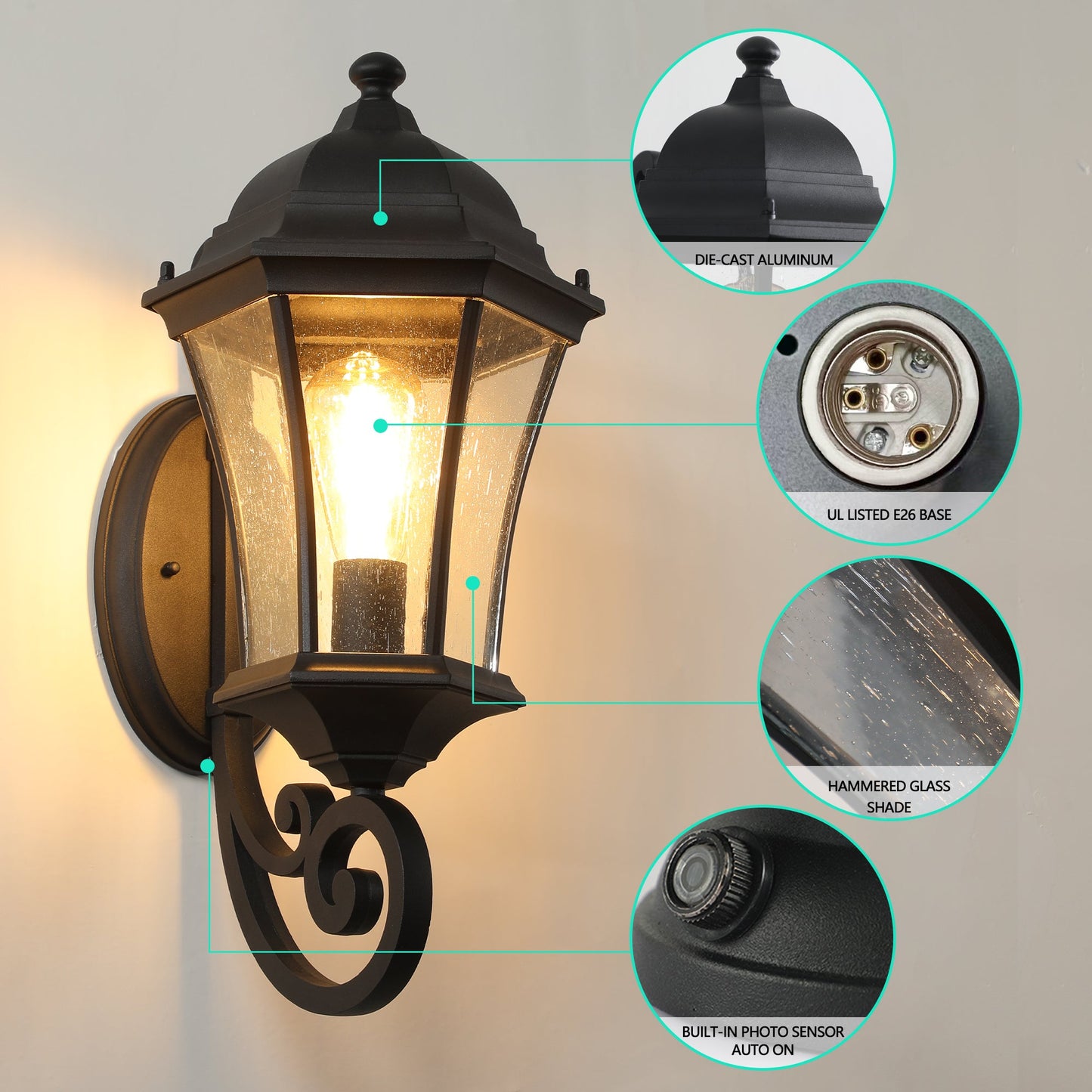 Outdoor Waterproof Glass Retro Wall Lamp Supports Multiple Types of Light Bulbs (2 Pack) With Light Sense
