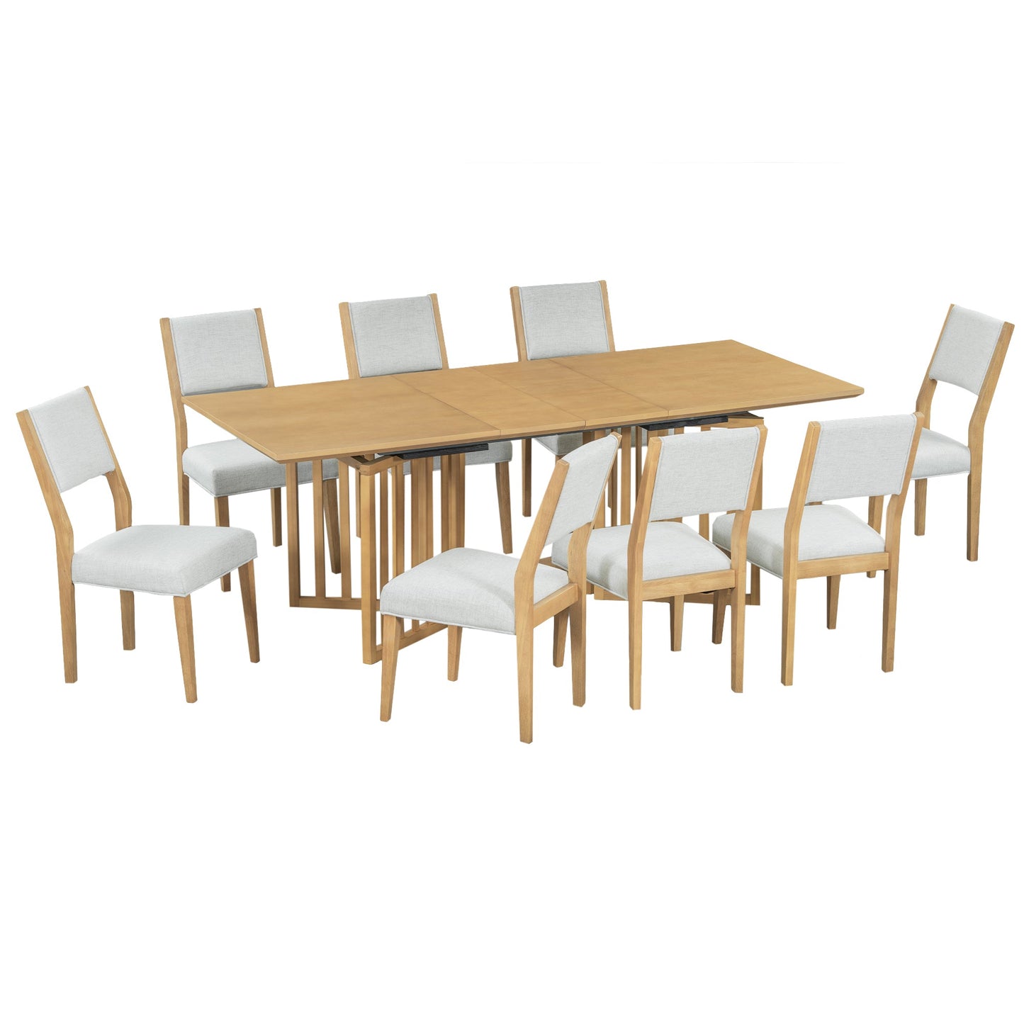 Farmhouse 9-Piece 83.9inch Extendable Dining Table Set With 2 12-Inch Removable Leaves and 8 Upholstered Dining Chairs,