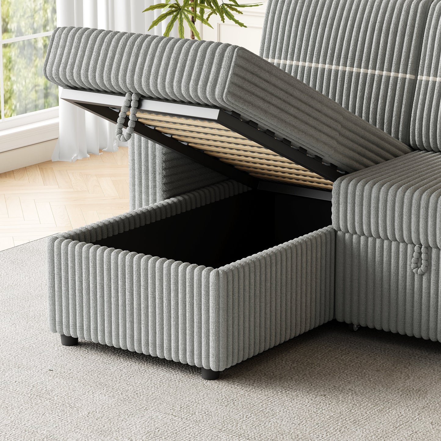 85 Inches Corduroy Sofa Bed, 3 Seater Sleeper Sofa With Storage Chaise, Square Handrail With Two Cup-Holder and USB Charger