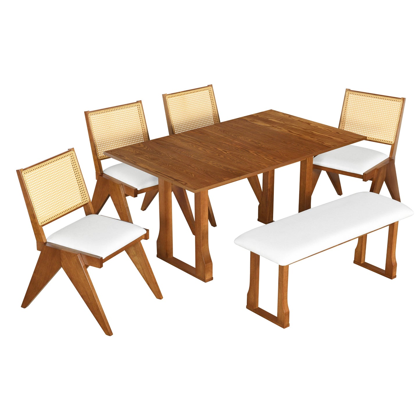 Modern 6-Piece 82.7inch Extendable Dining Table Set With 4 Wicker Back Upholstered Dining Chairs and Long Bench