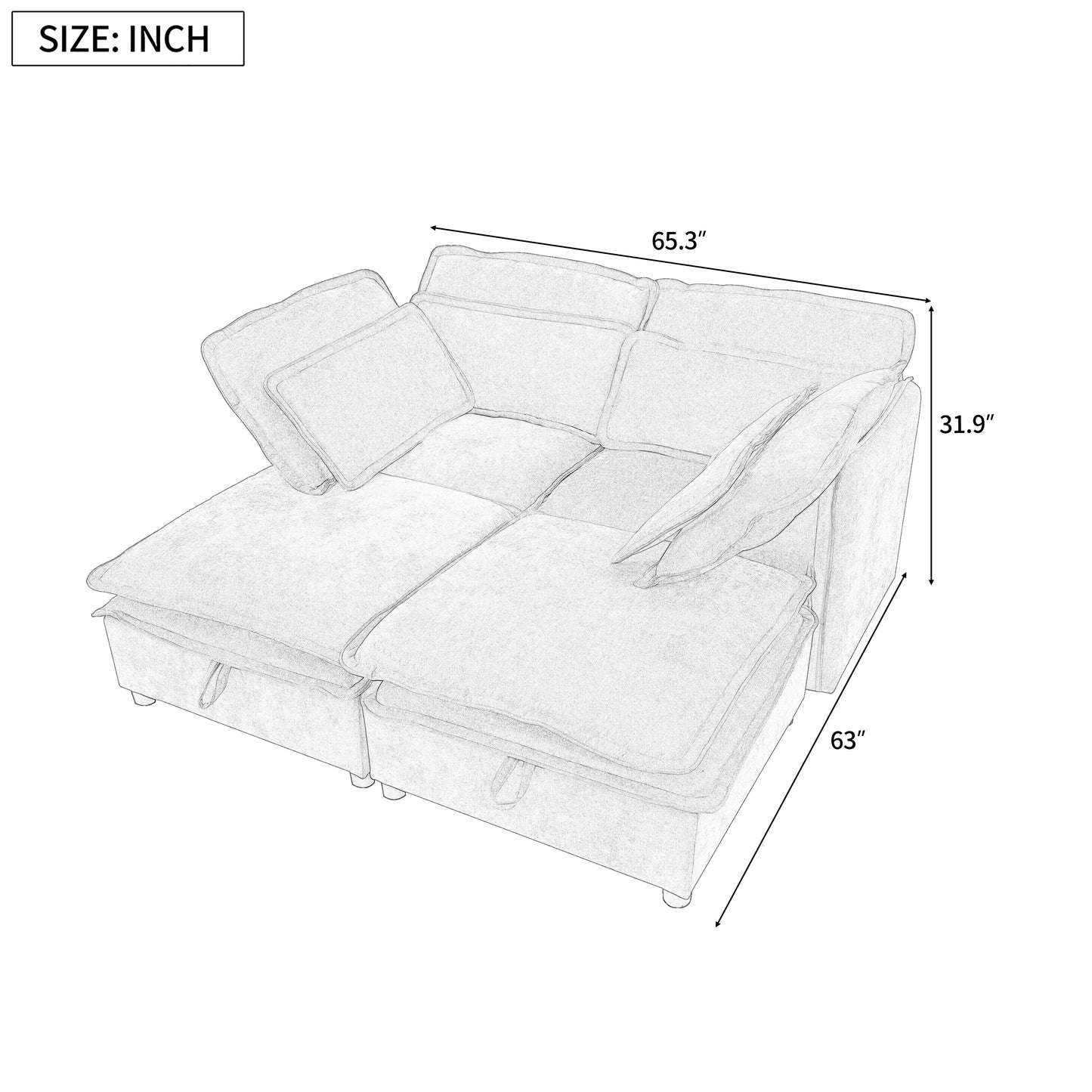 Double-Layer Cushion Modular Sofa, Freely Combinable, 4-Seater With Storage Function, Includes 4 Soft Cushions, Perfect