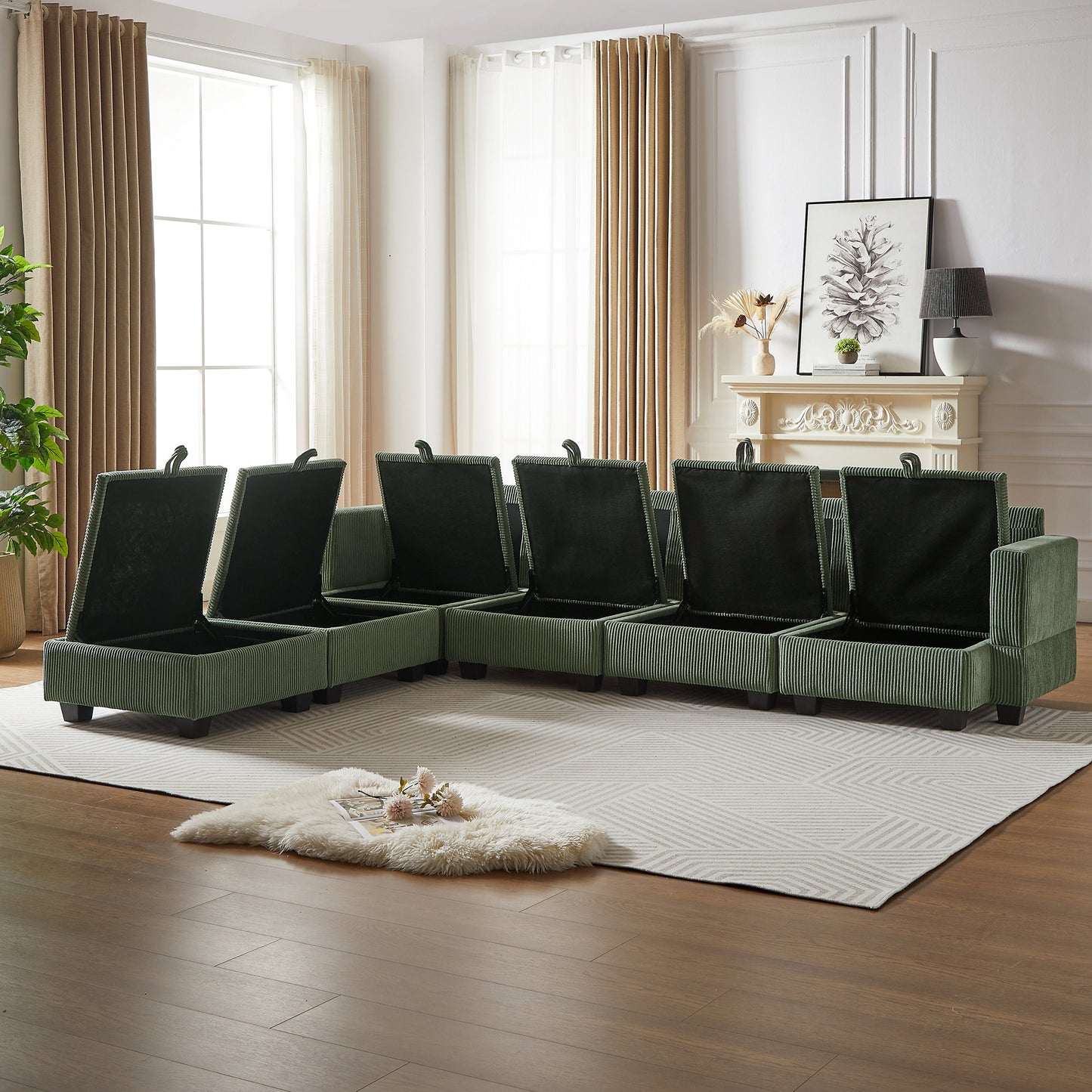 113.5'' Modular Sectiona Corduroy Sofa, Sectional Couches for Living Room U Shaped Sectional Couch With Storage Ottoman
