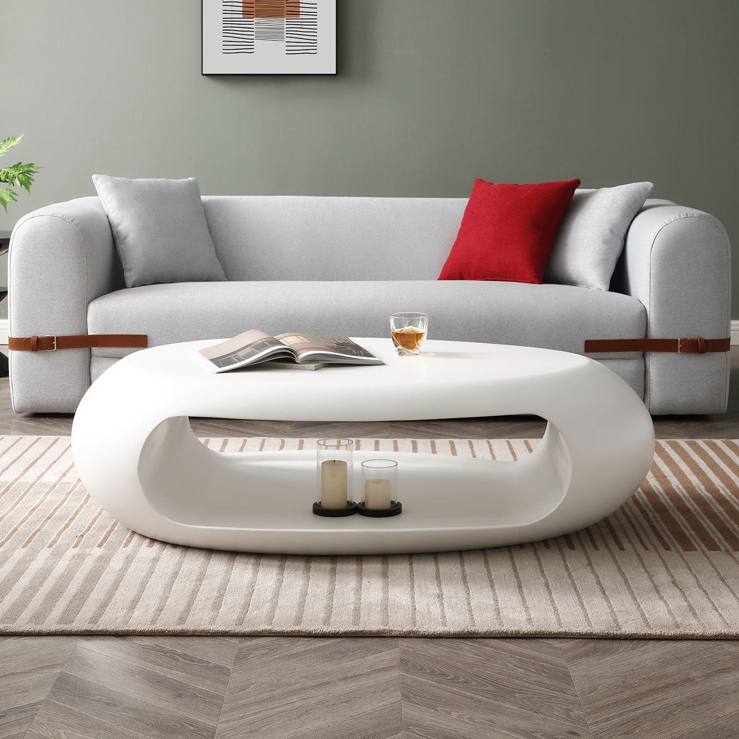 53.93" Oval Coffee Table, Sturdy Fiberglass Table for Living Room, White, No Need Assembly