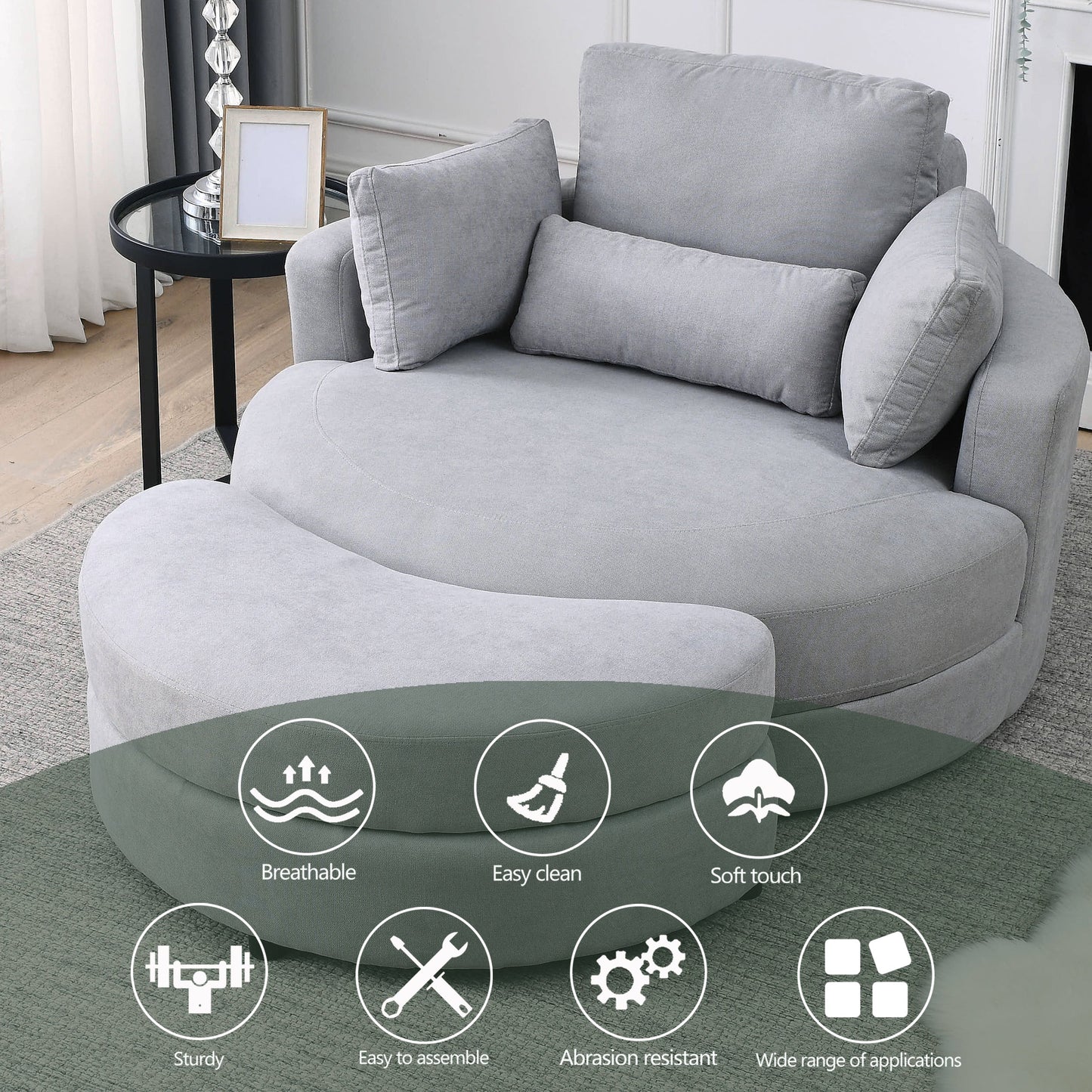 Swivel Accent Barrel Modern Grey Sofa Lounge Club Big Round Chair With Storage Ottoman Linen Fabric for Living Room