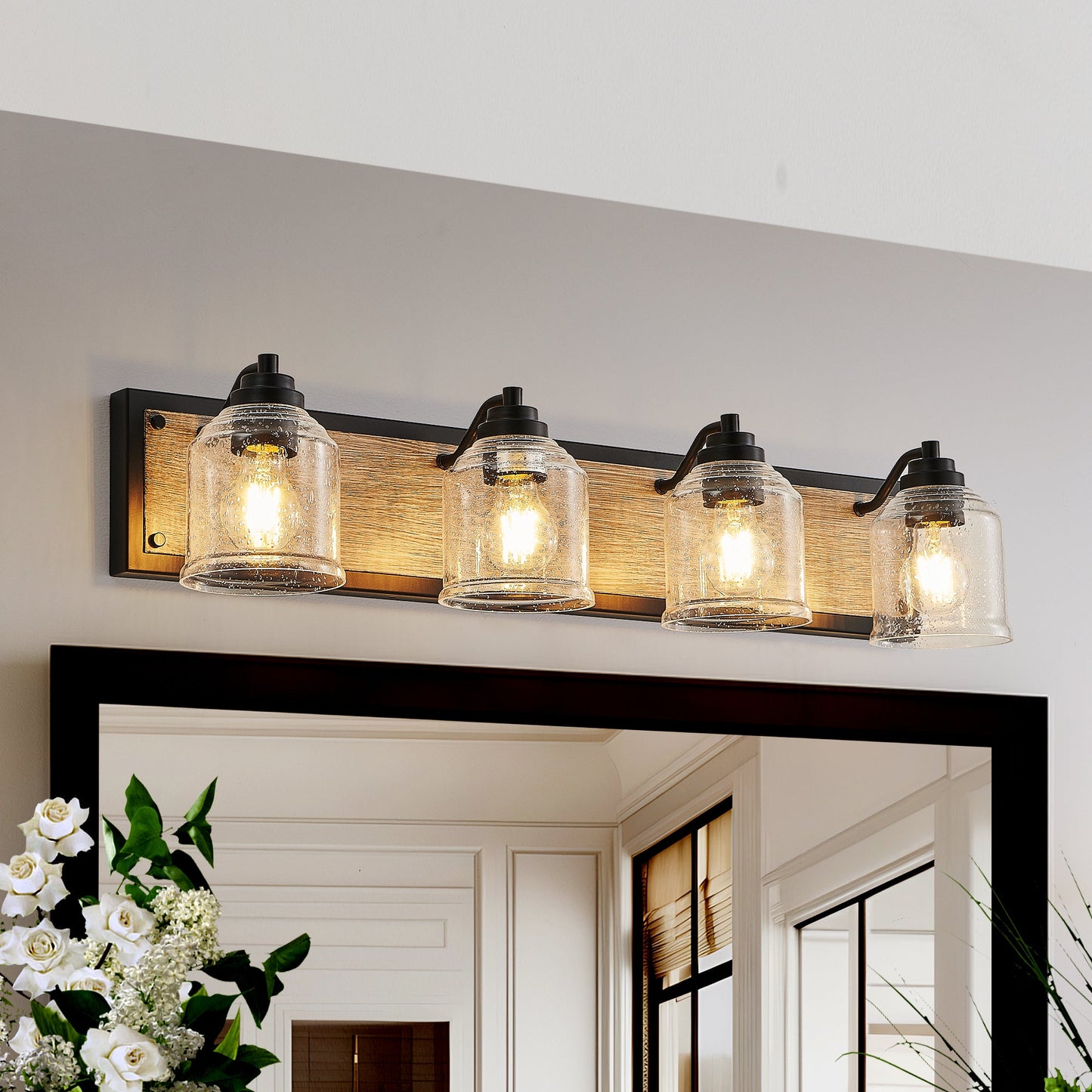 Farmhouse Vanity Light Fixture, 4-Light Bathroom Wall Sconce With Clear Seeded Glass Shades, Rustic Black Finish