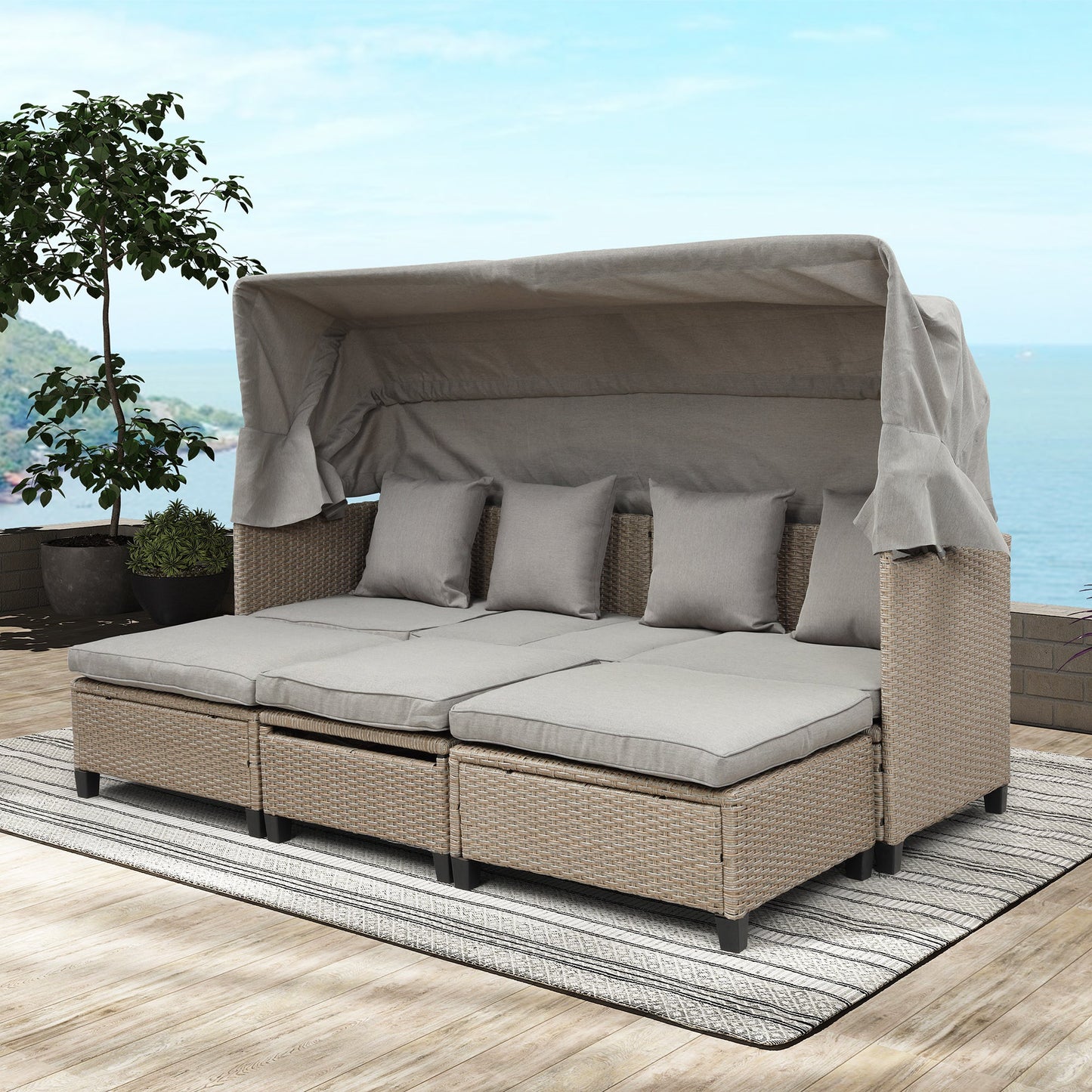 4 Piece UV-Proof Resin Wicker Patio Sofa Set With Retractable Canopy, Cushions and Lifting Table,Brown